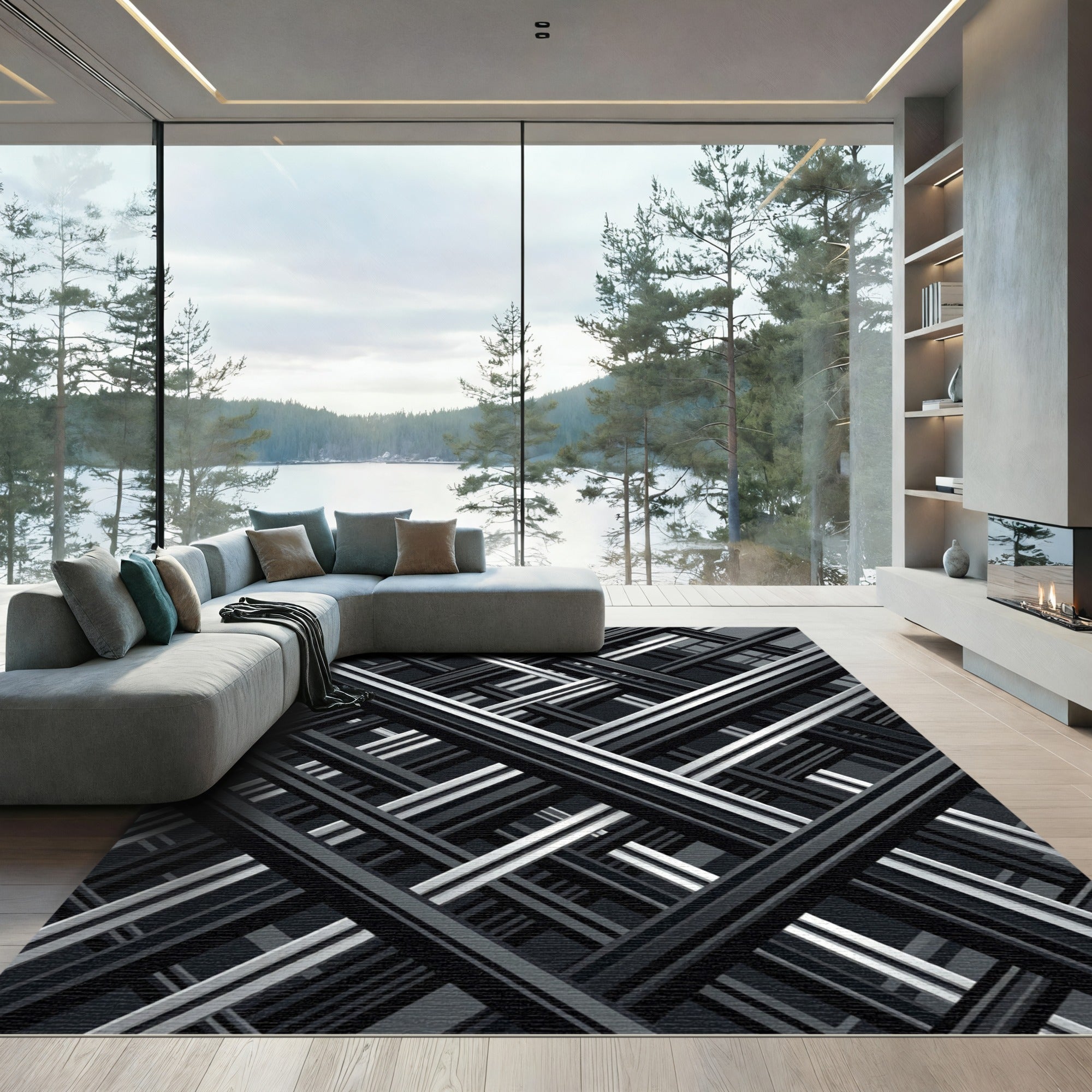 Modern Monochrome Linear Geometric Grid Rug