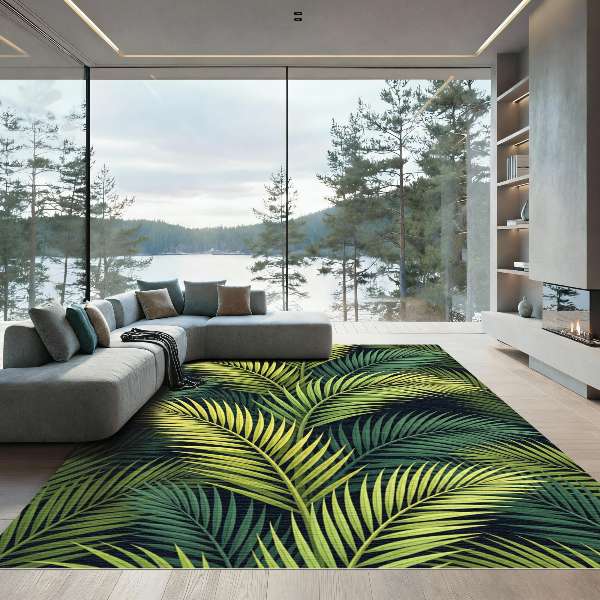Vibrant Green Palm Fronds Botanical Rug