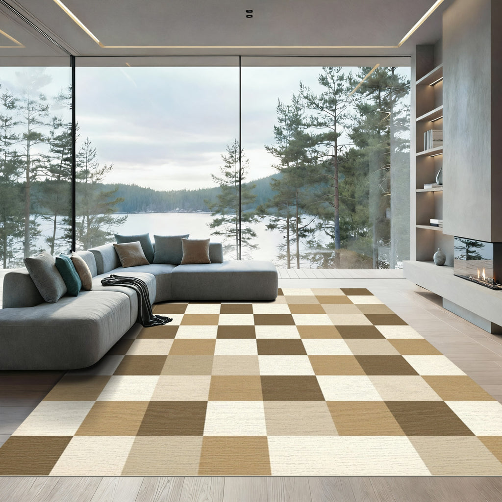 Minimalist Neutral Earth Tone Checkerboard Rug