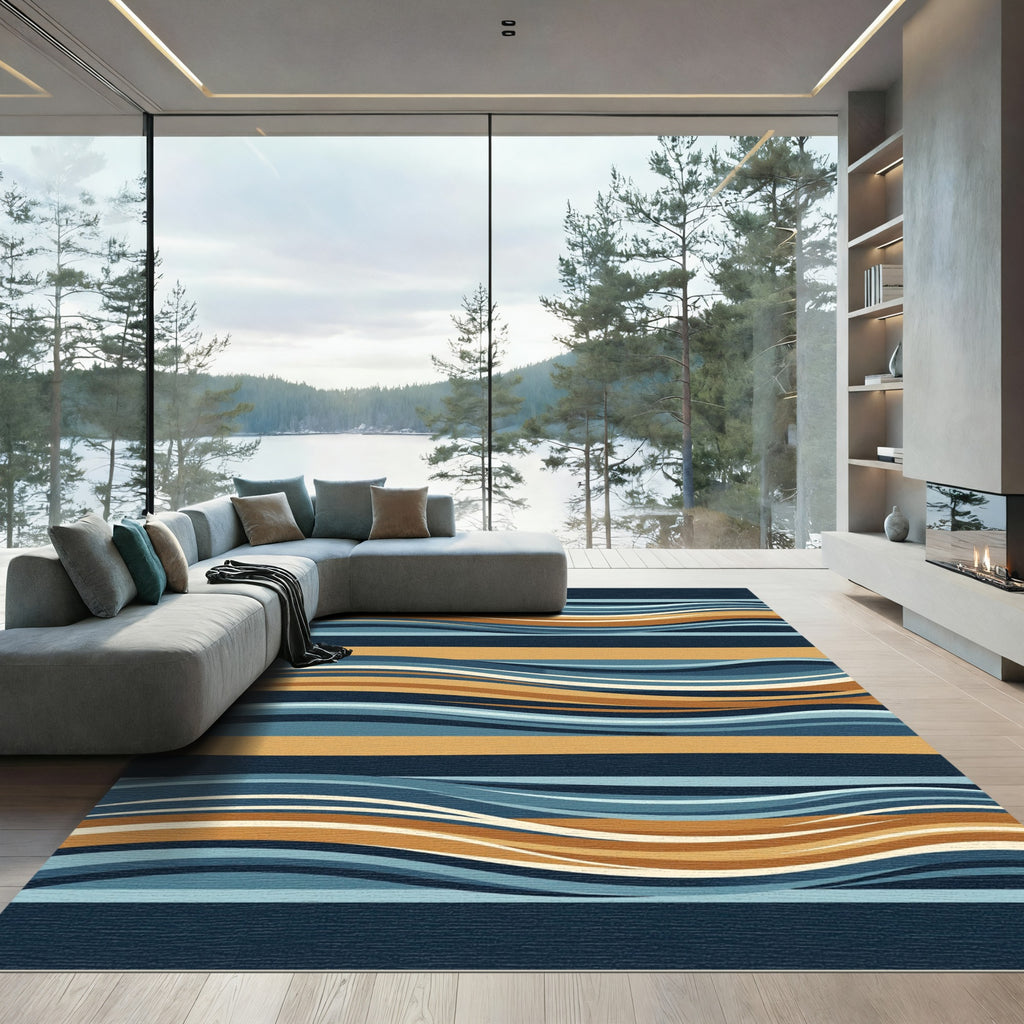 Modern Wavy Blue and Ochre Stripe Rug