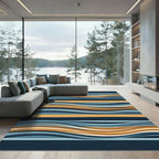 Modern Wavy Blue and Ochre Stripe Rug