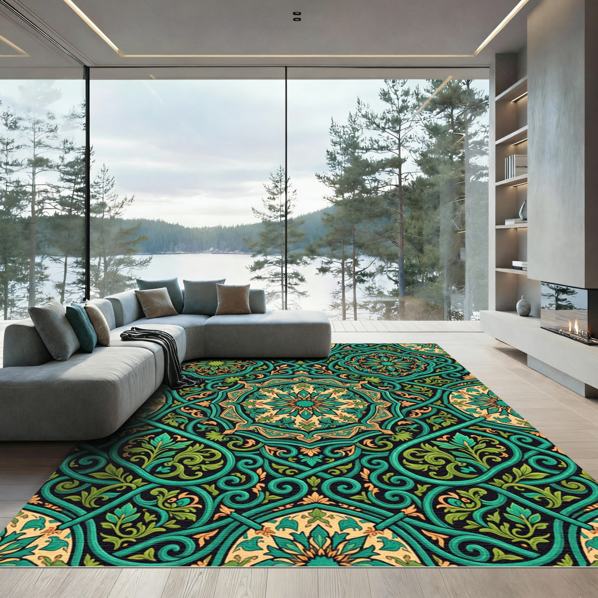 Emerald Green Arabesque Medallion Rug