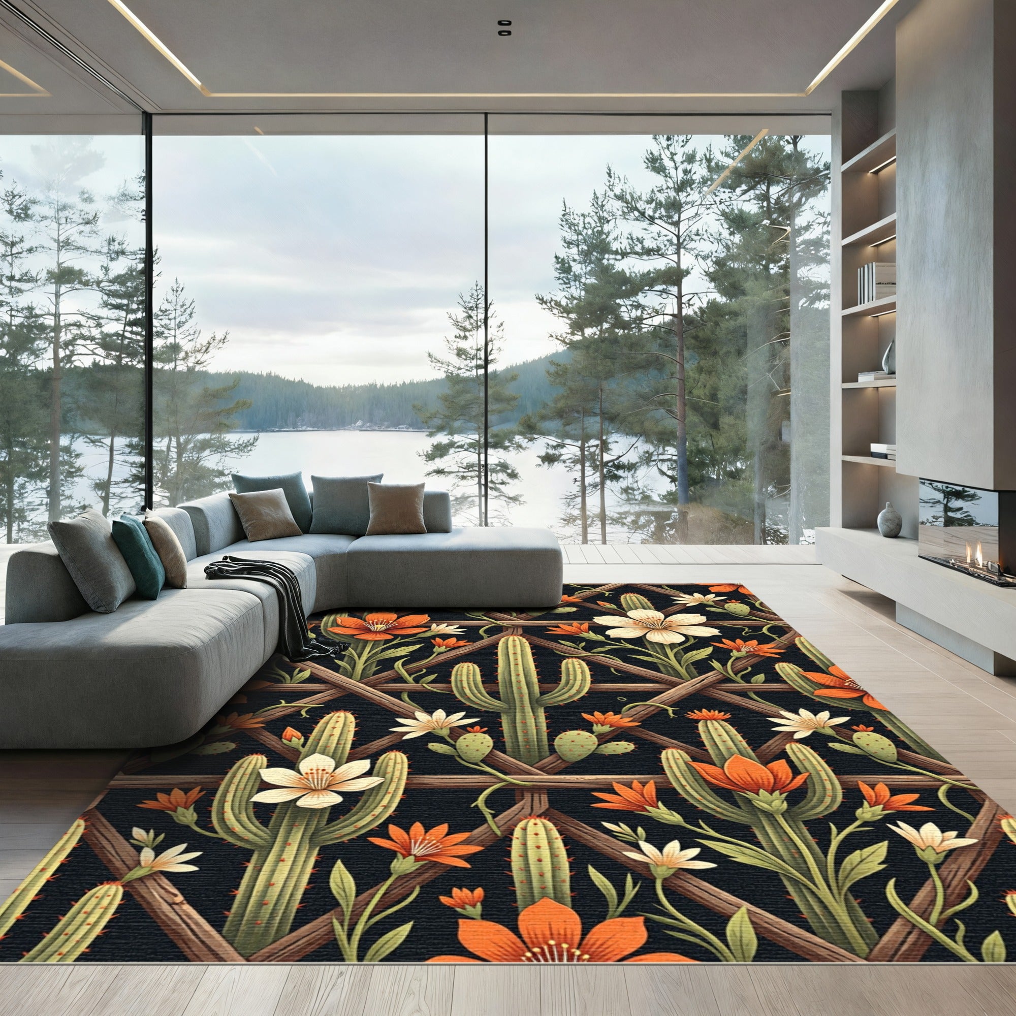 Desert Cactus Floral Lattice Rug