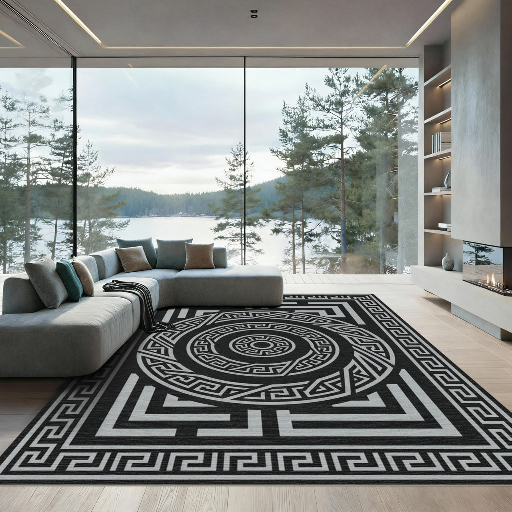 Monochrome Greek Key Circular Border Area Rug