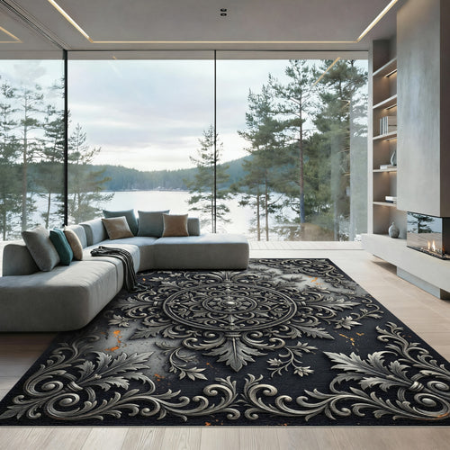 Baroque Silver Filigree Ornate Medallion Rug