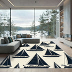 Navy Sailboat Pattern Nautical Motif Rug
