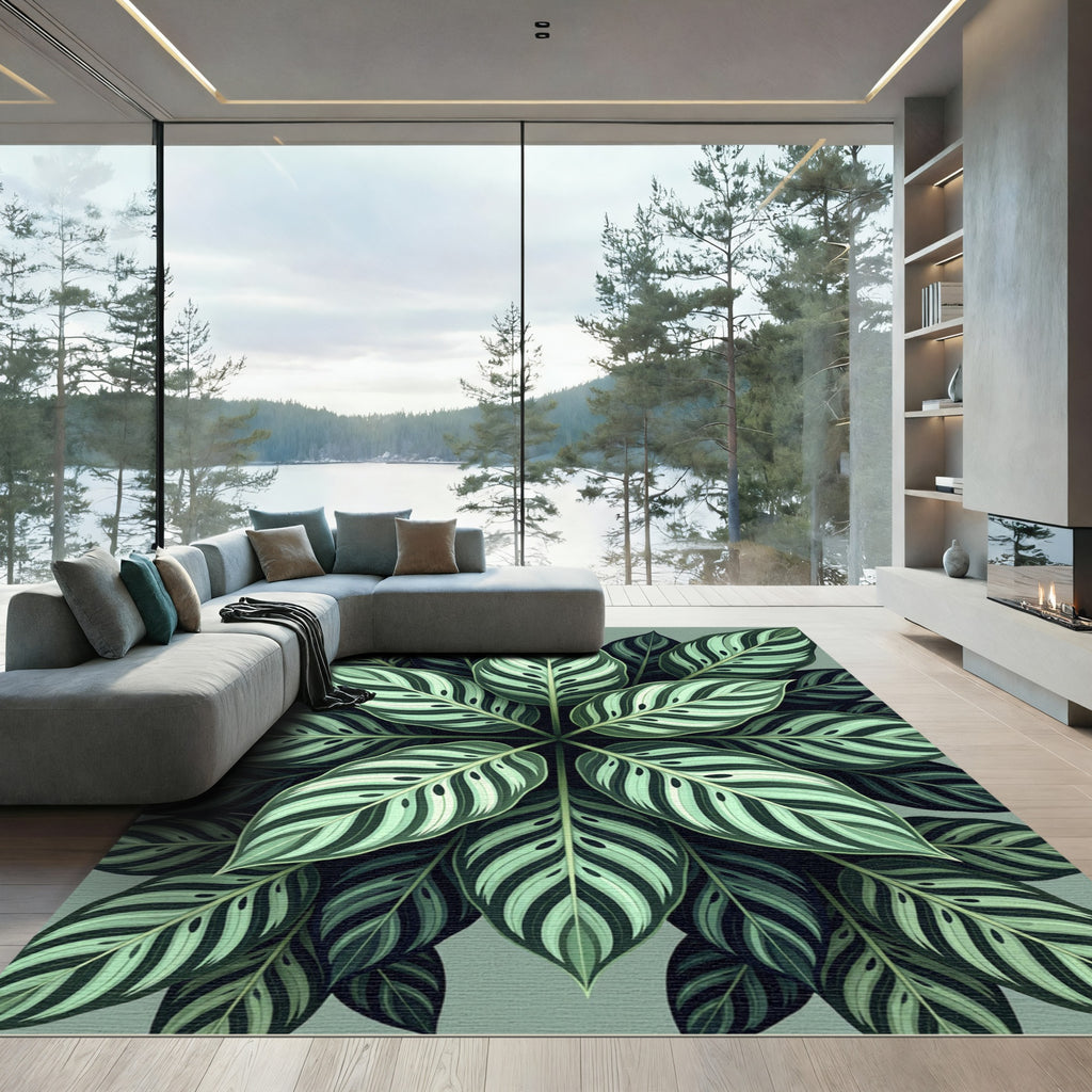 Lush Green Tropical Calathea Foliage Rug