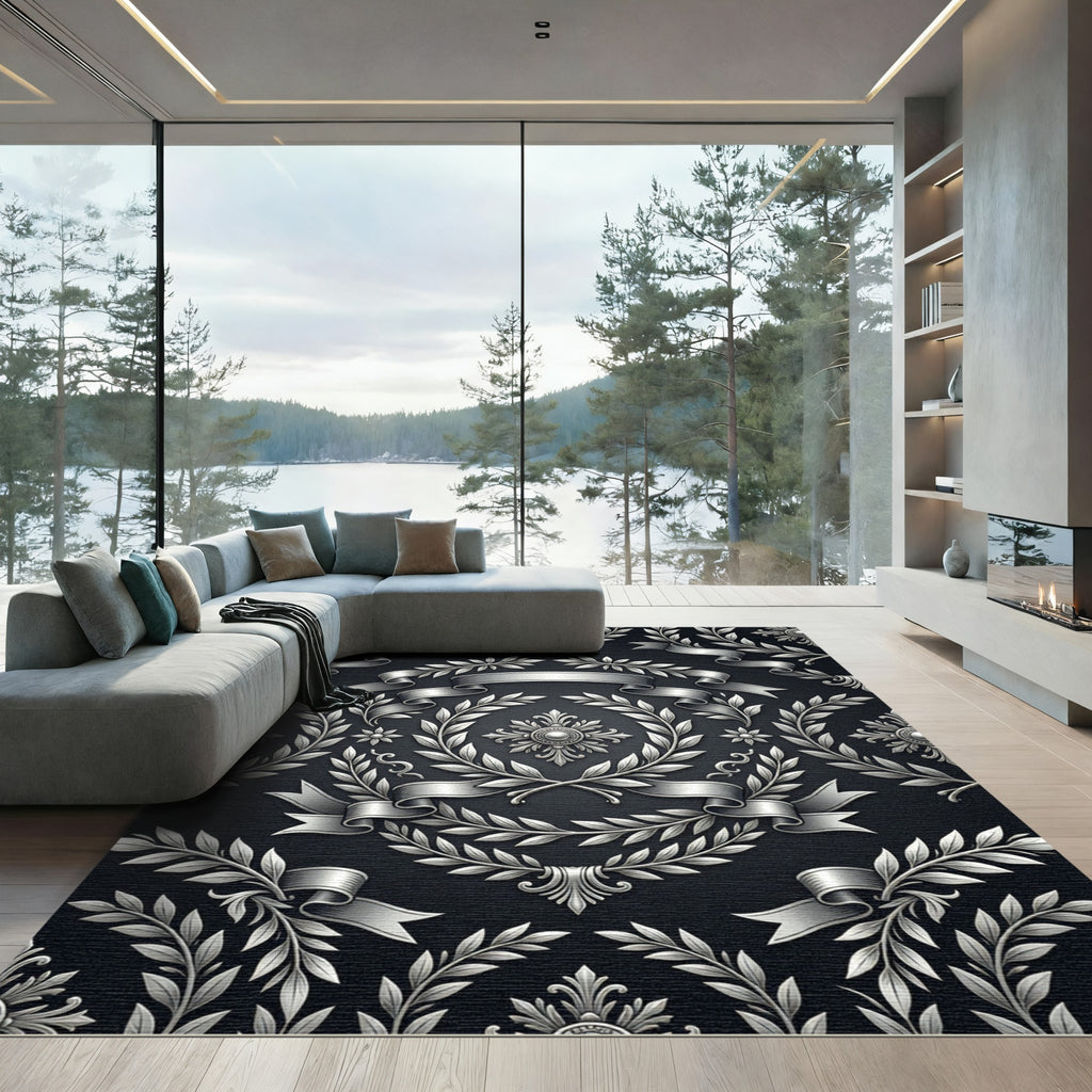 Elegant Silver Laurel Wreath Ribbons Rug