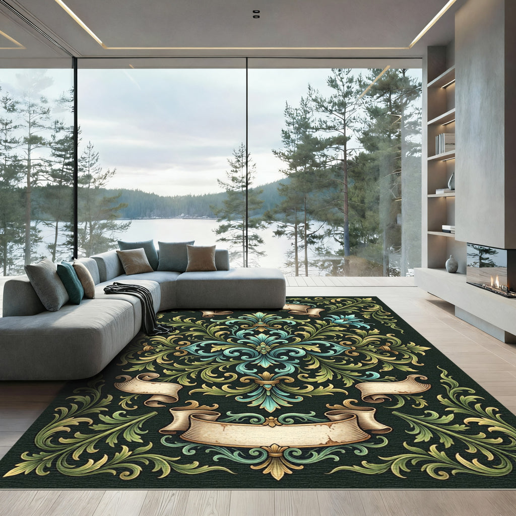Ornate Teal and Golden Baroque Scroll Rug