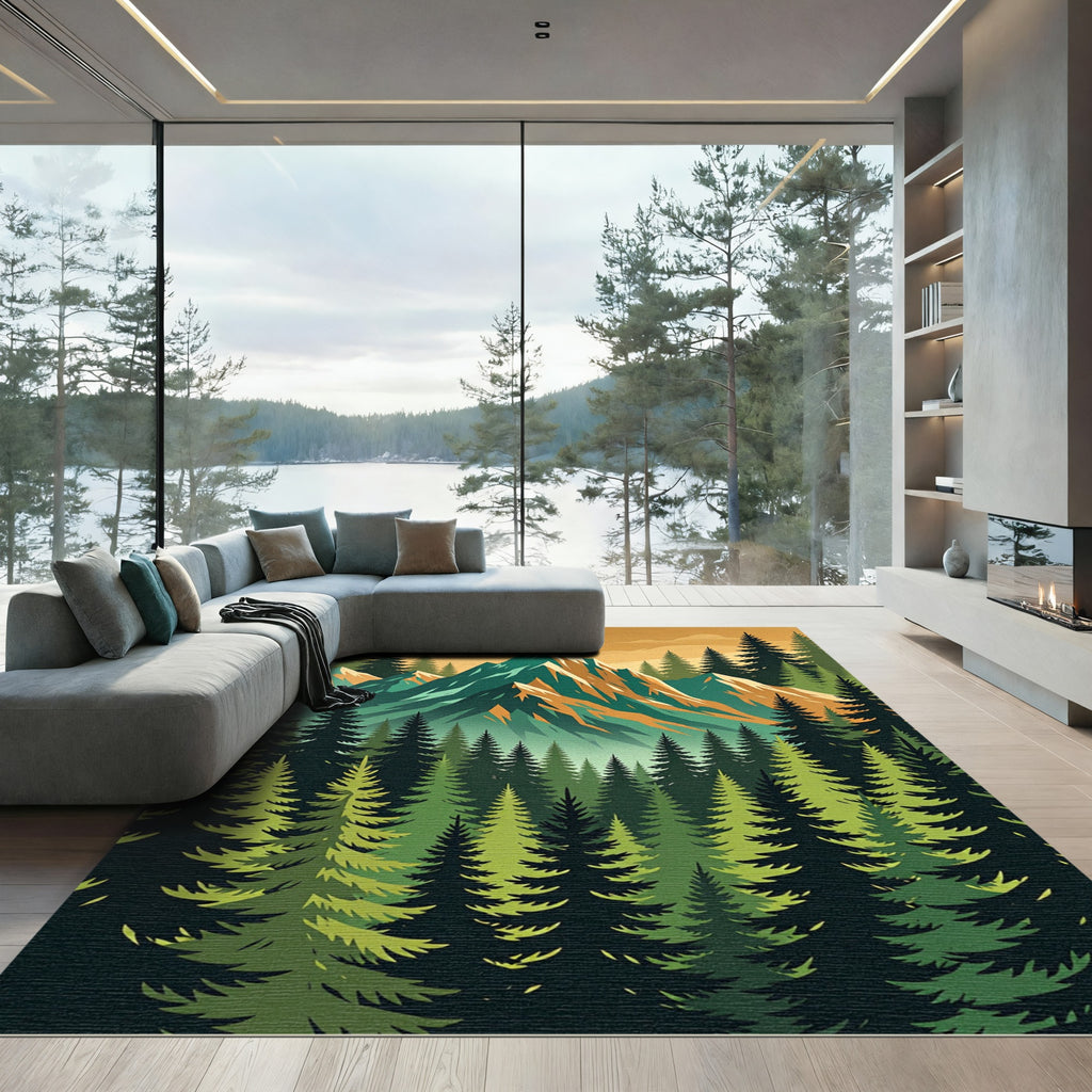 Majestic Teal Mountain Pine Forest Landscape Rug