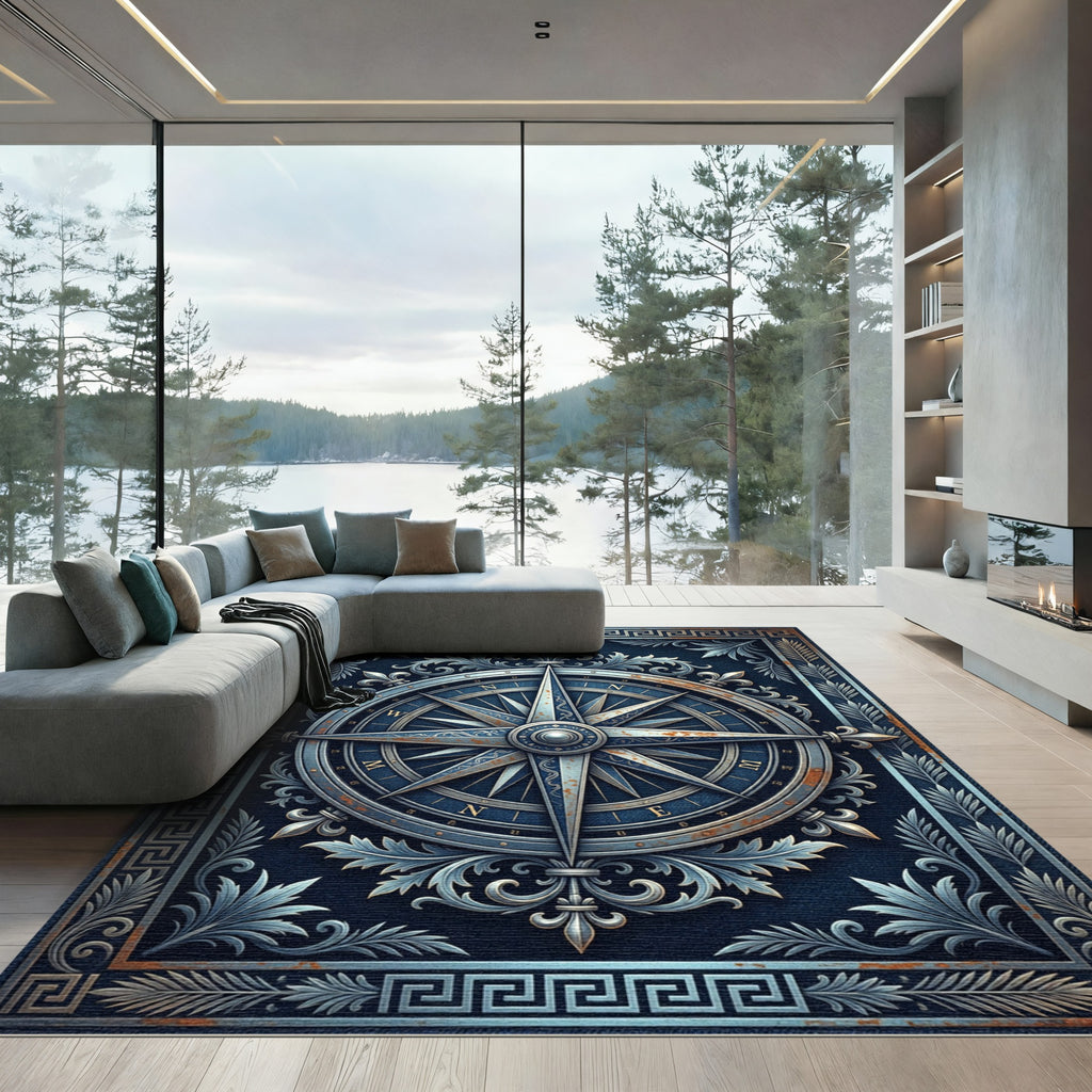 Navigational Compass Ornate Blue Rug