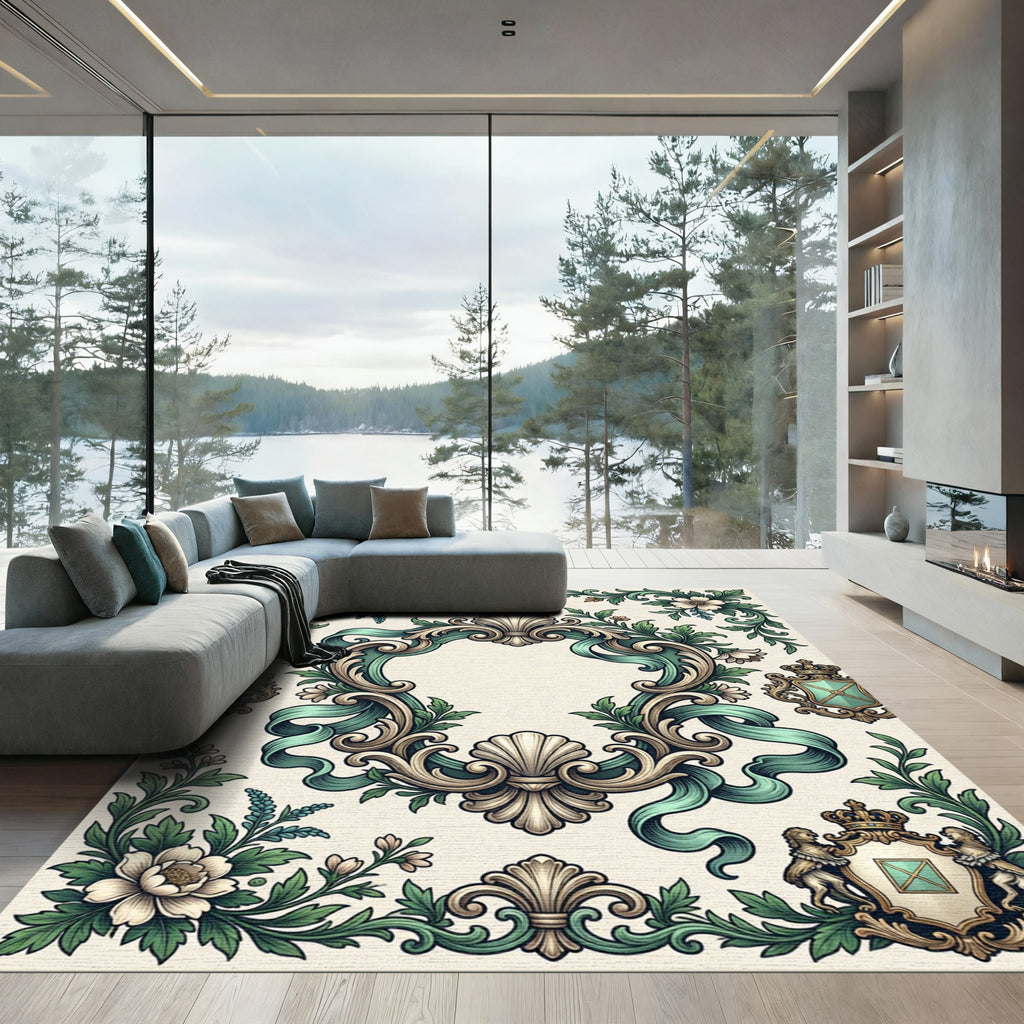 Elegant Sage Baroque Scroll Floral Filigree Rug