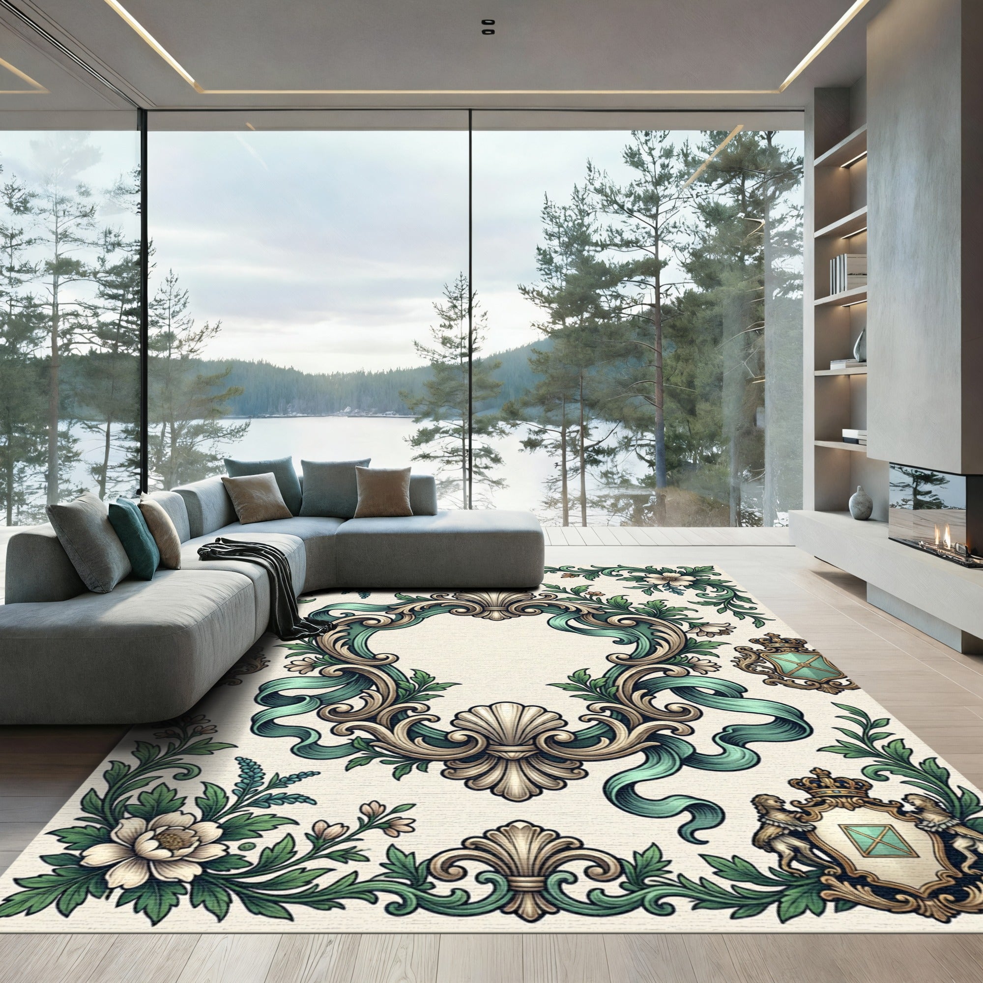 Elegant Sage Baroque Scroll Floral Filigree Rug