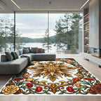 Golden Botanical Star and Floral Frame Rug