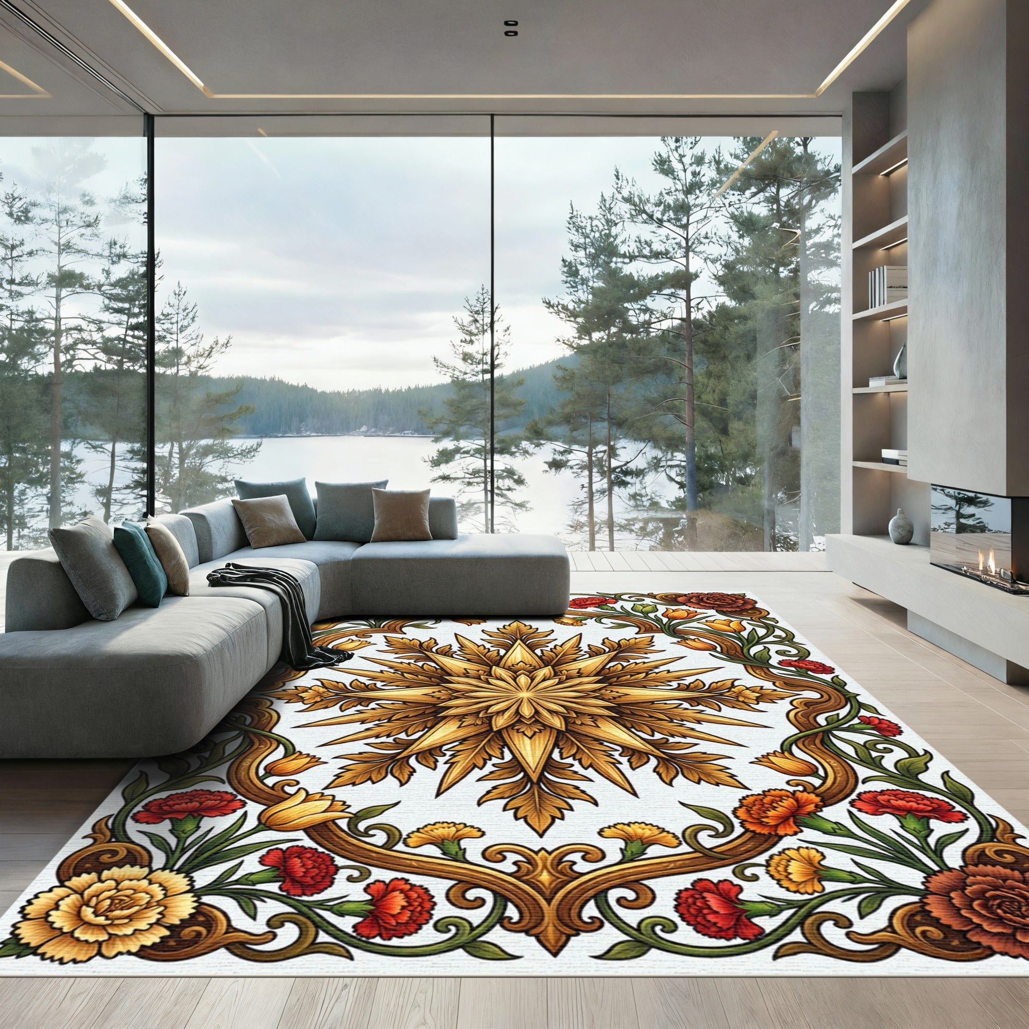 Golden Botanical Star and Floral Frame Rug