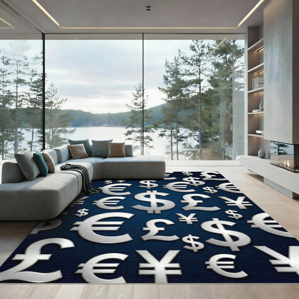 Global Metallic Currency Symbols Navy Background Rug