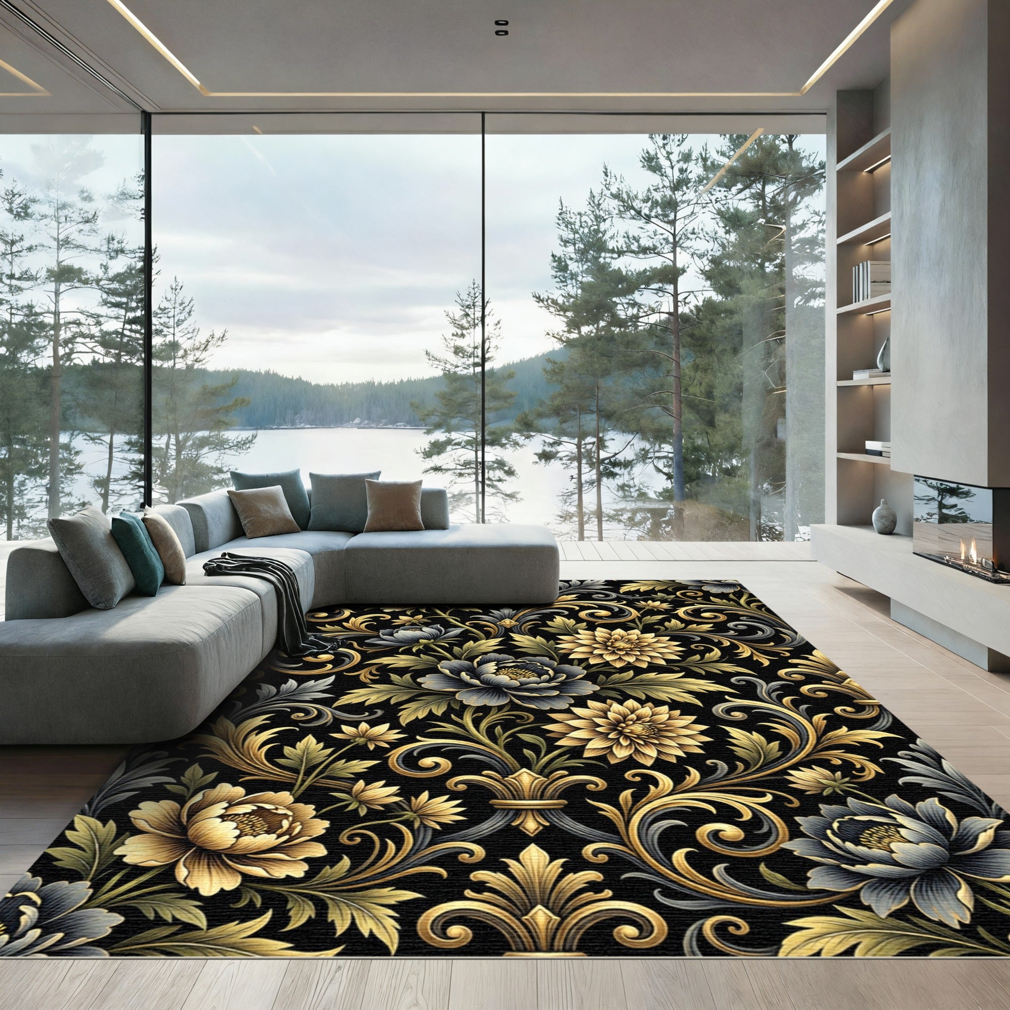 Gold Floral Baroque Damask Peony Swirl Rug
