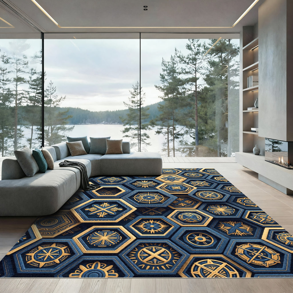 Navy Gold Geometric Hexagonal Medallion Rug