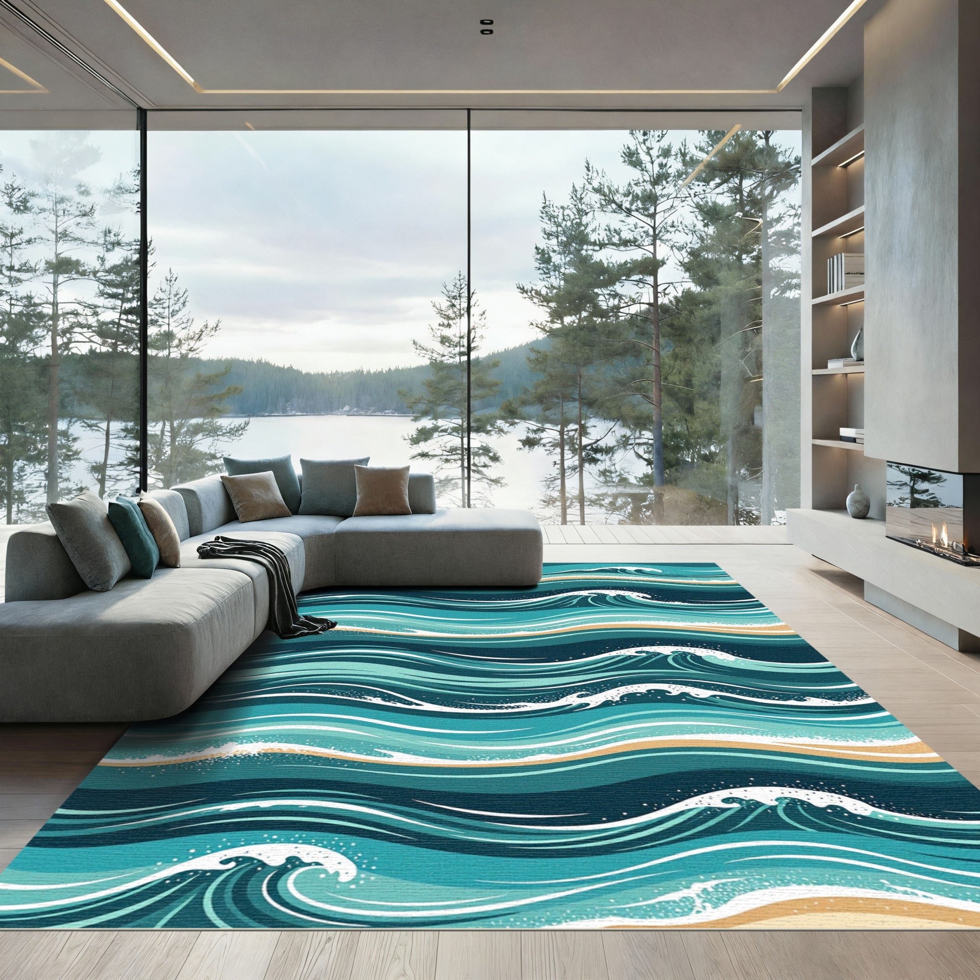 Teal Ocean Wave Crest Coastal Art Rug