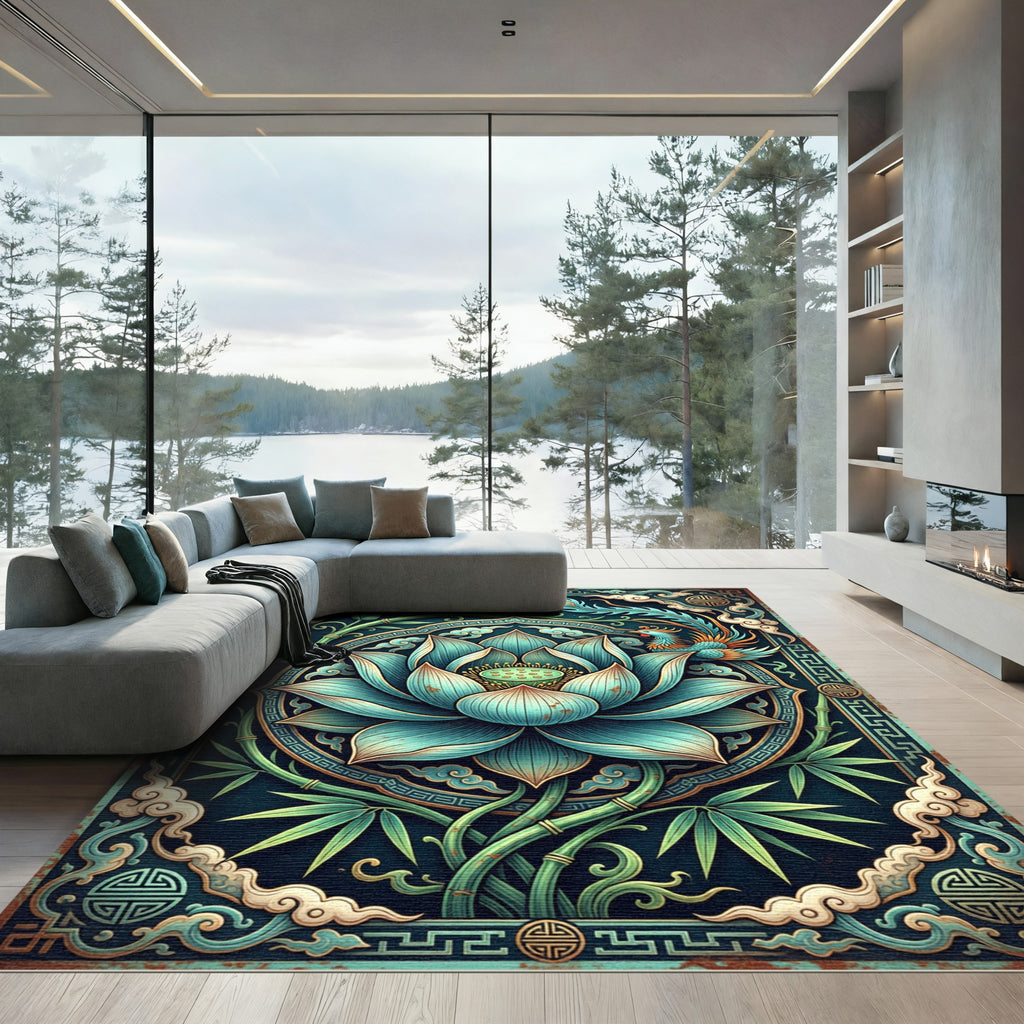 Teal Lotus Phoenix Bamboo Oriental Art Rug