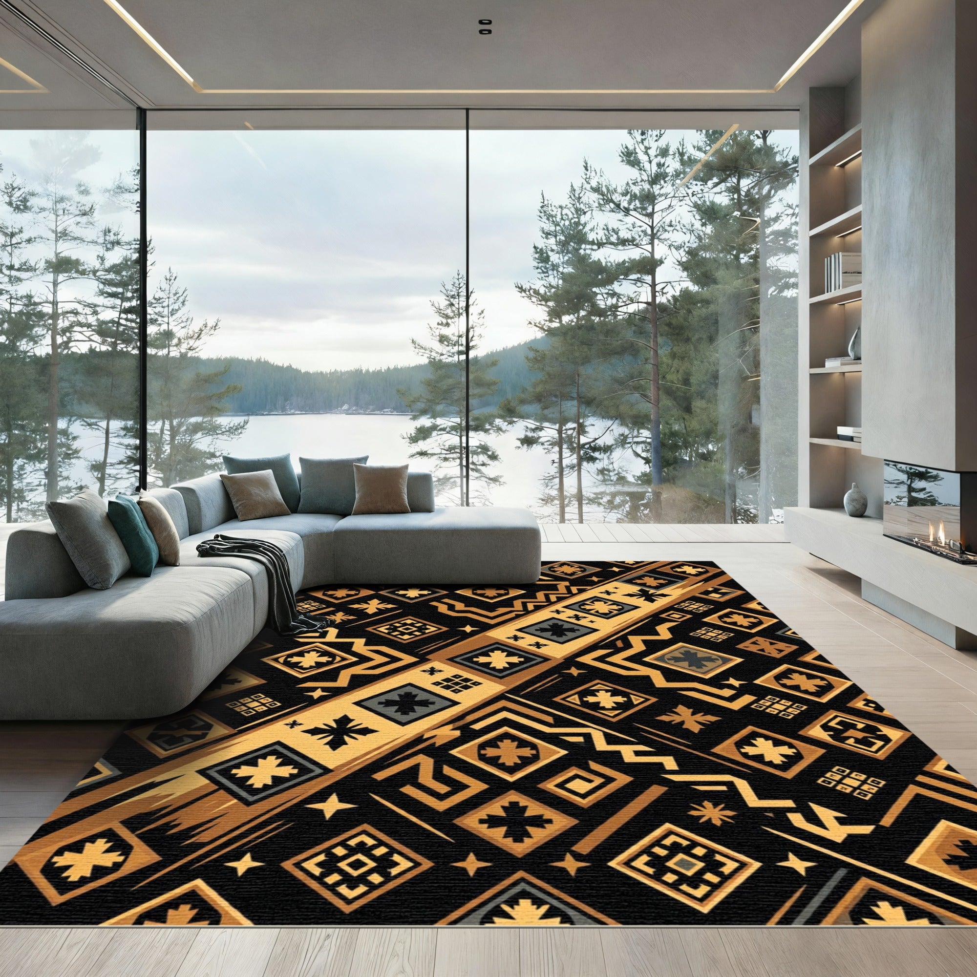 Gold and Black Geometric Tribal Rug
