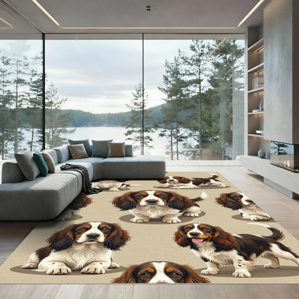 Playful Brown and White Spaniel Illustration Rug