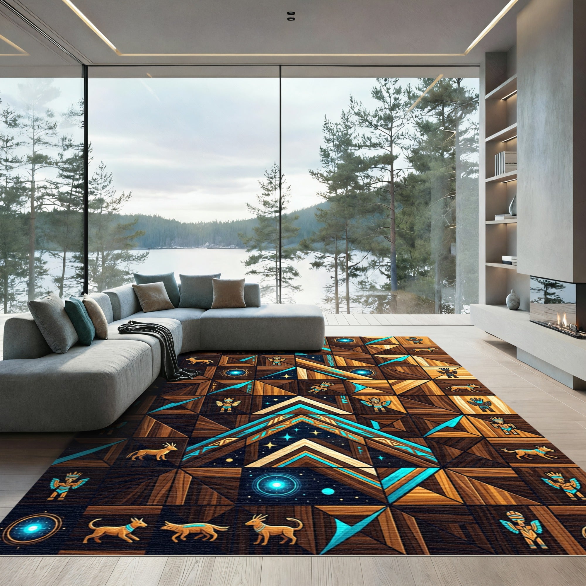Celestial Gold Aztec Wooden Totem Mosaic Rug