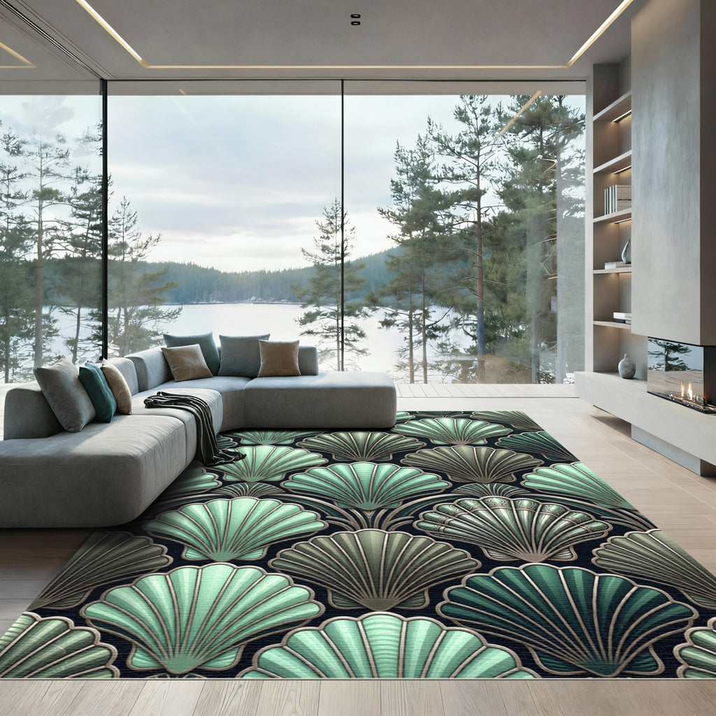 Art Deco Mint Green Seashell Pattern Rug