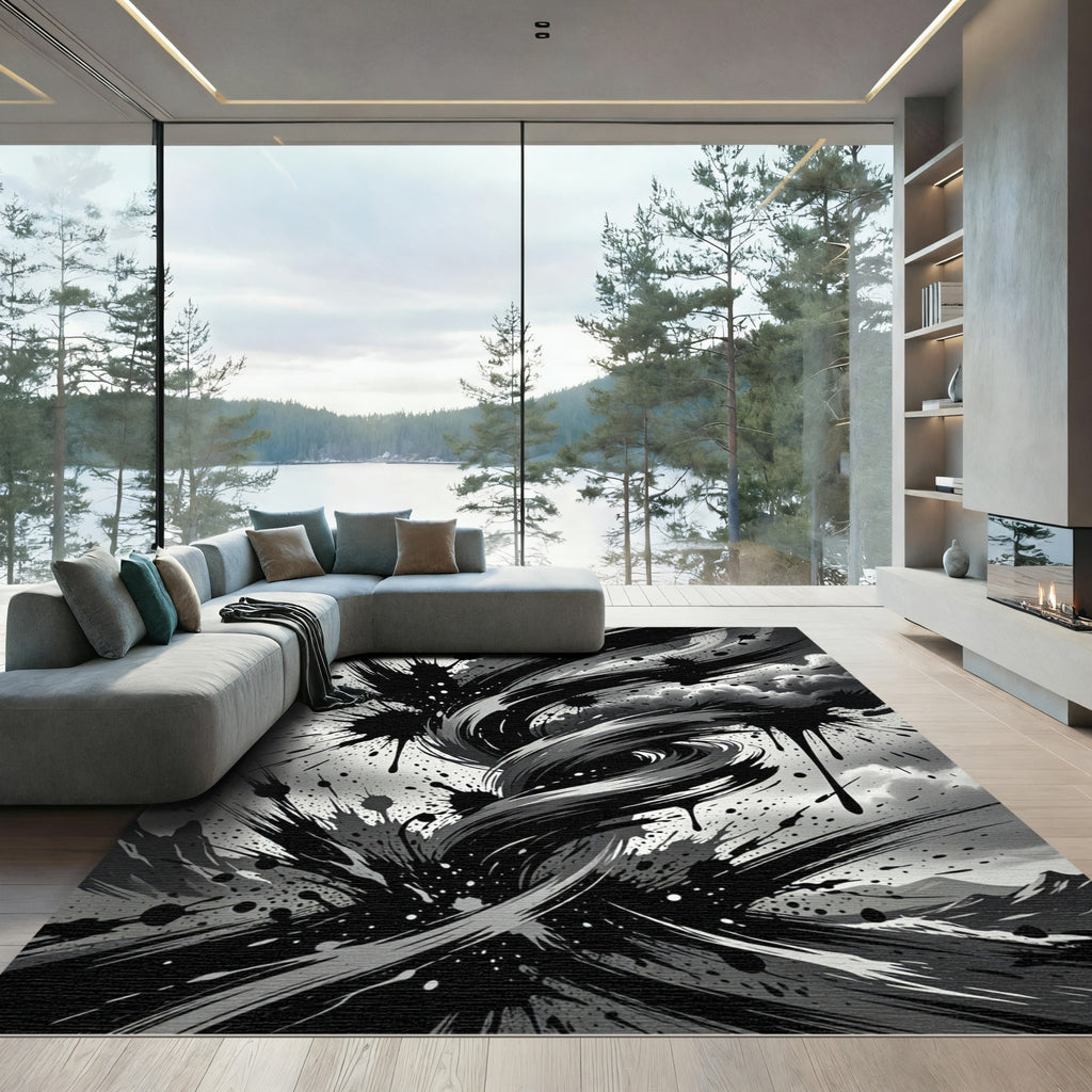 Monochrome Abstract Ink Swirl Rug