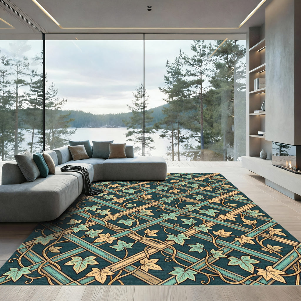 Teal Blue Lattice Ivy Vine Tapestry Rug