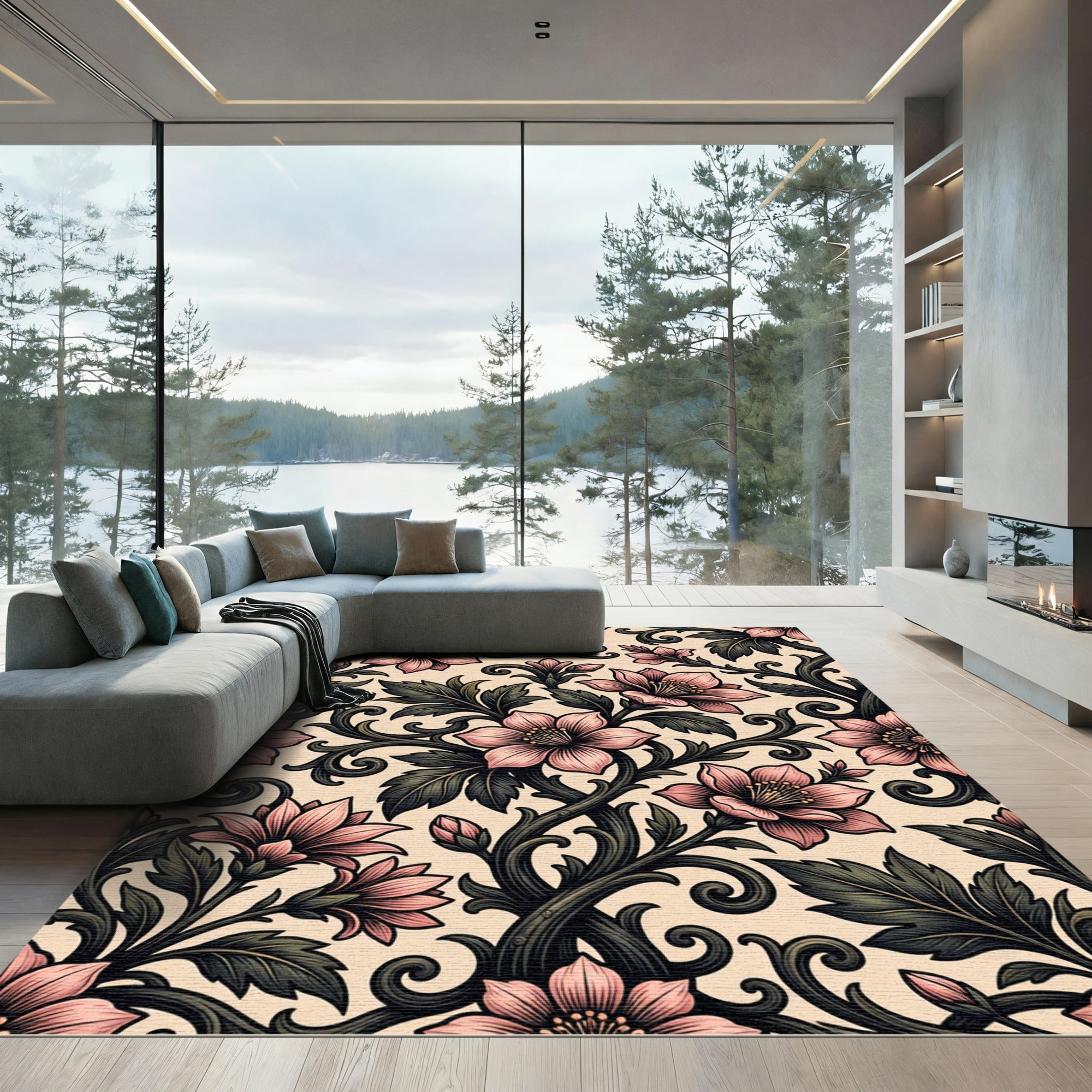 Vintage Pink Floral Scrolling Vine Rug