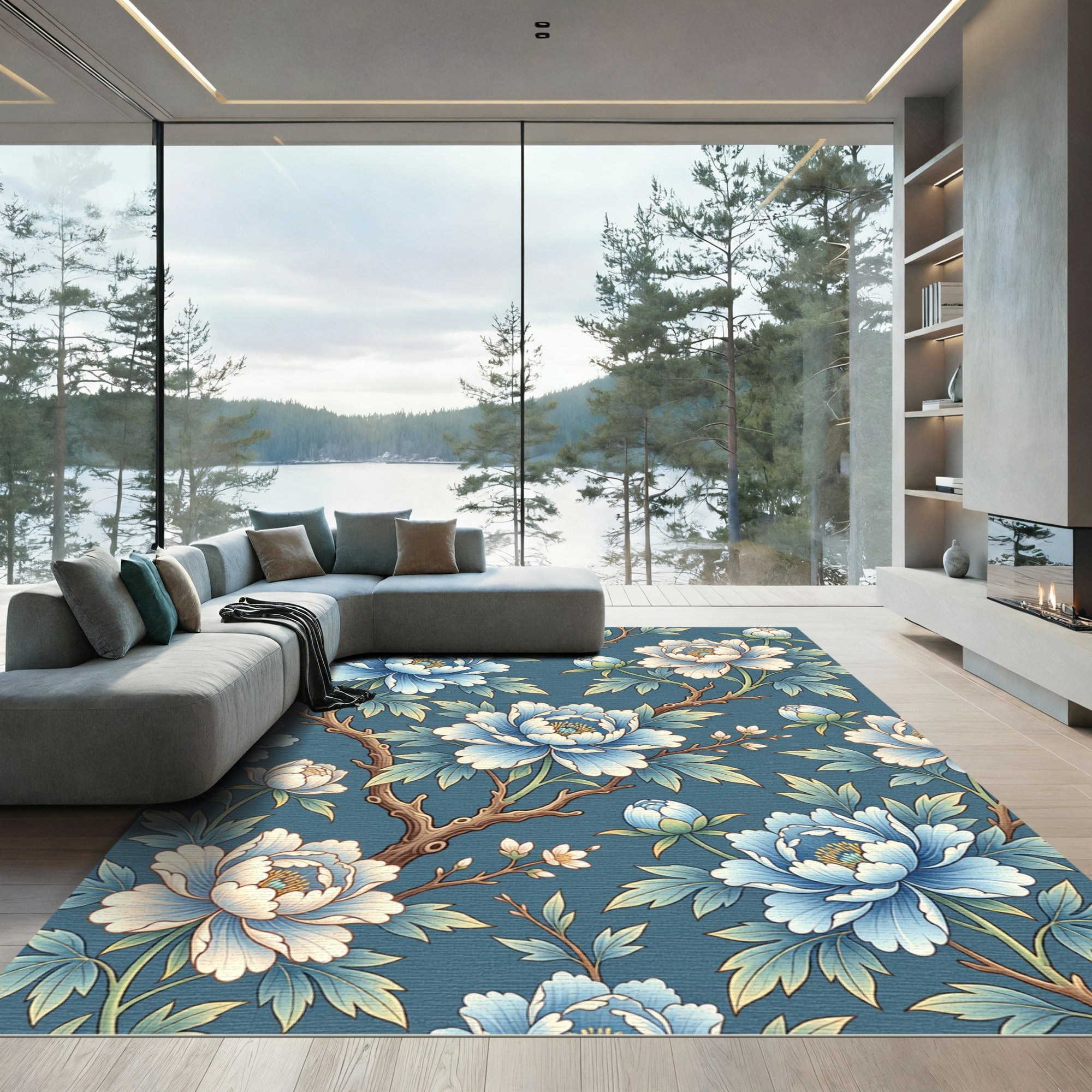 Chinoiserie Blue Peony Floral Branch Rug