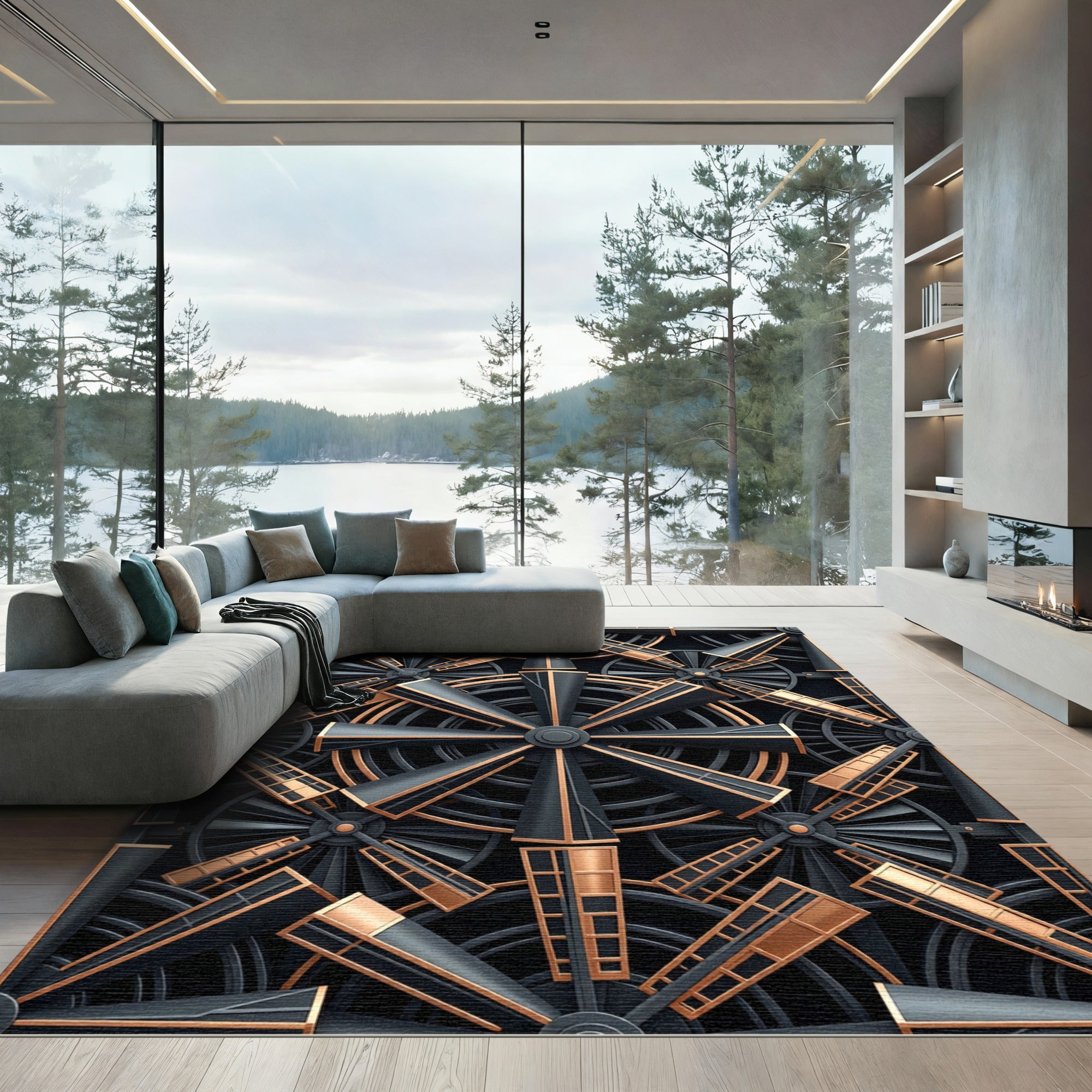 Dark Gold Geometric Turbine Assemblage Rug