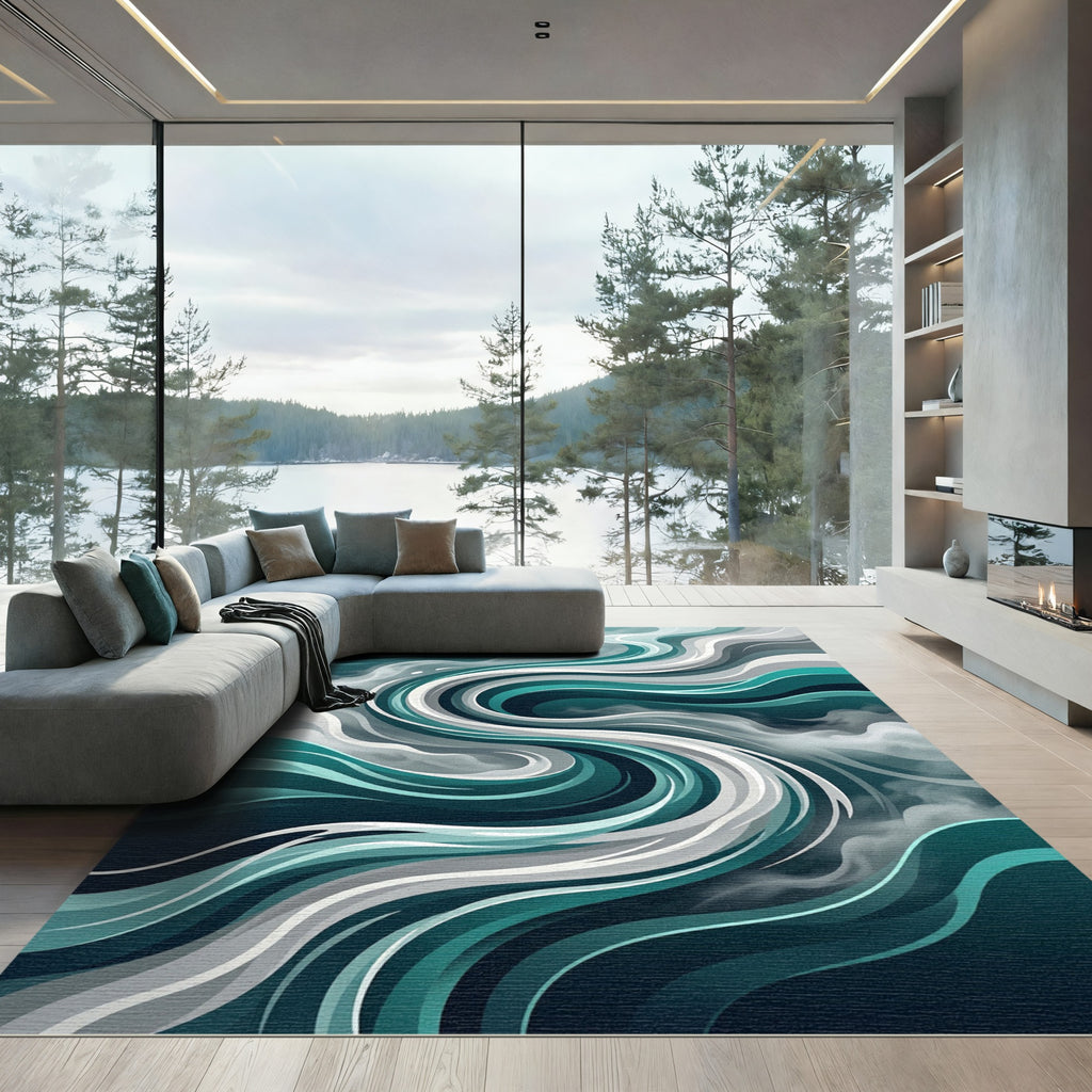 Fluid Teal Liquid Swirl Abstract Rug