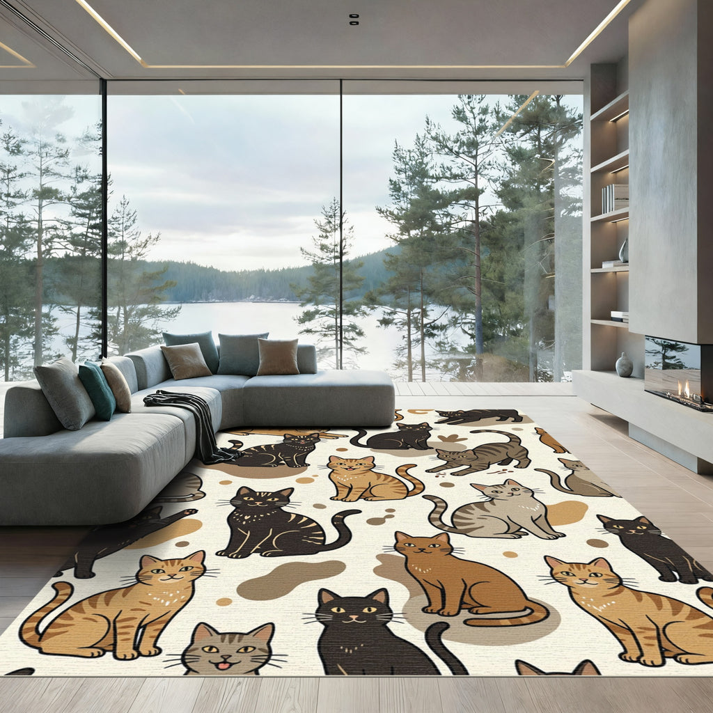 Whimsical Brown Tonal Feline Illustration Rug