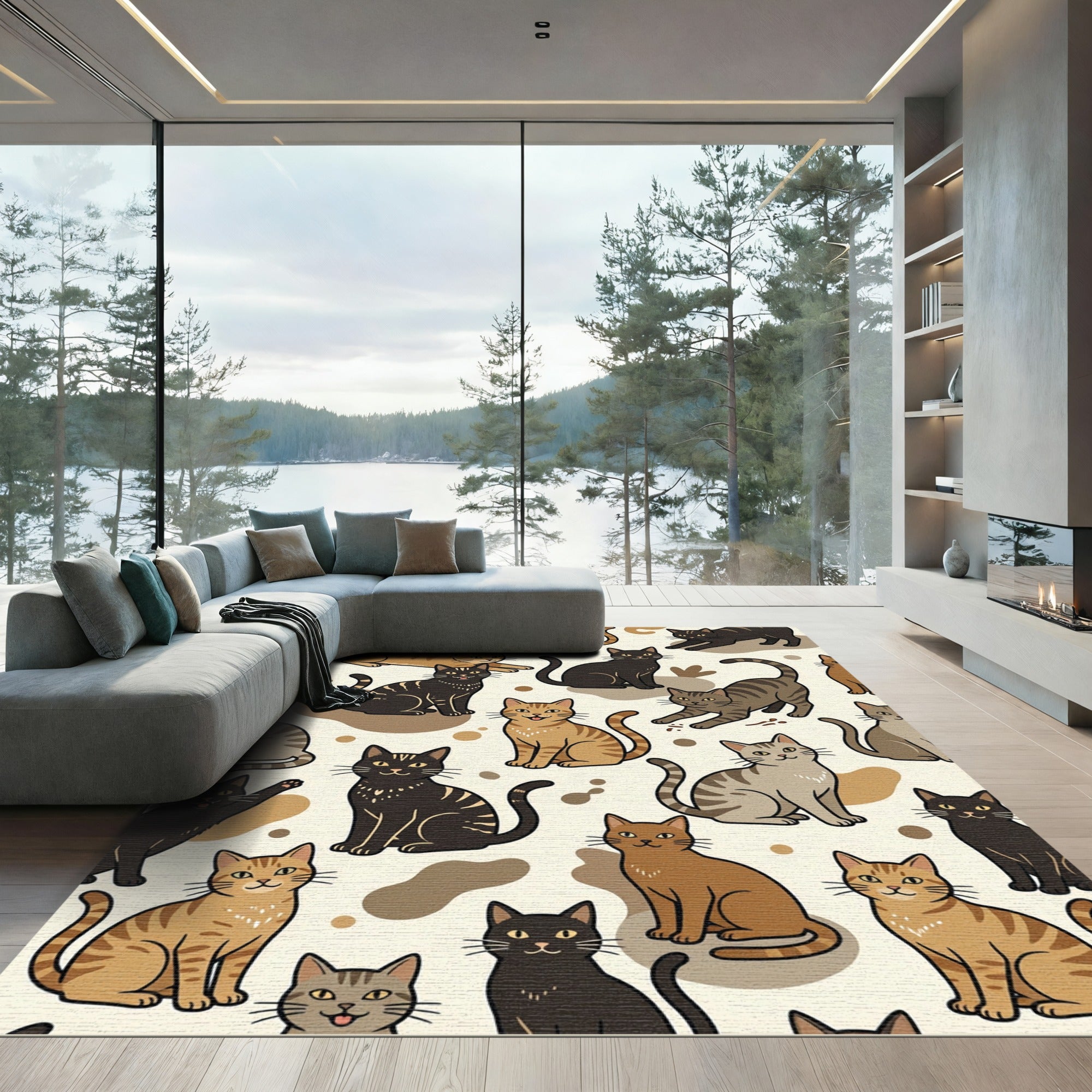 Whimsical Brown Tonal Feline Illustration Rug