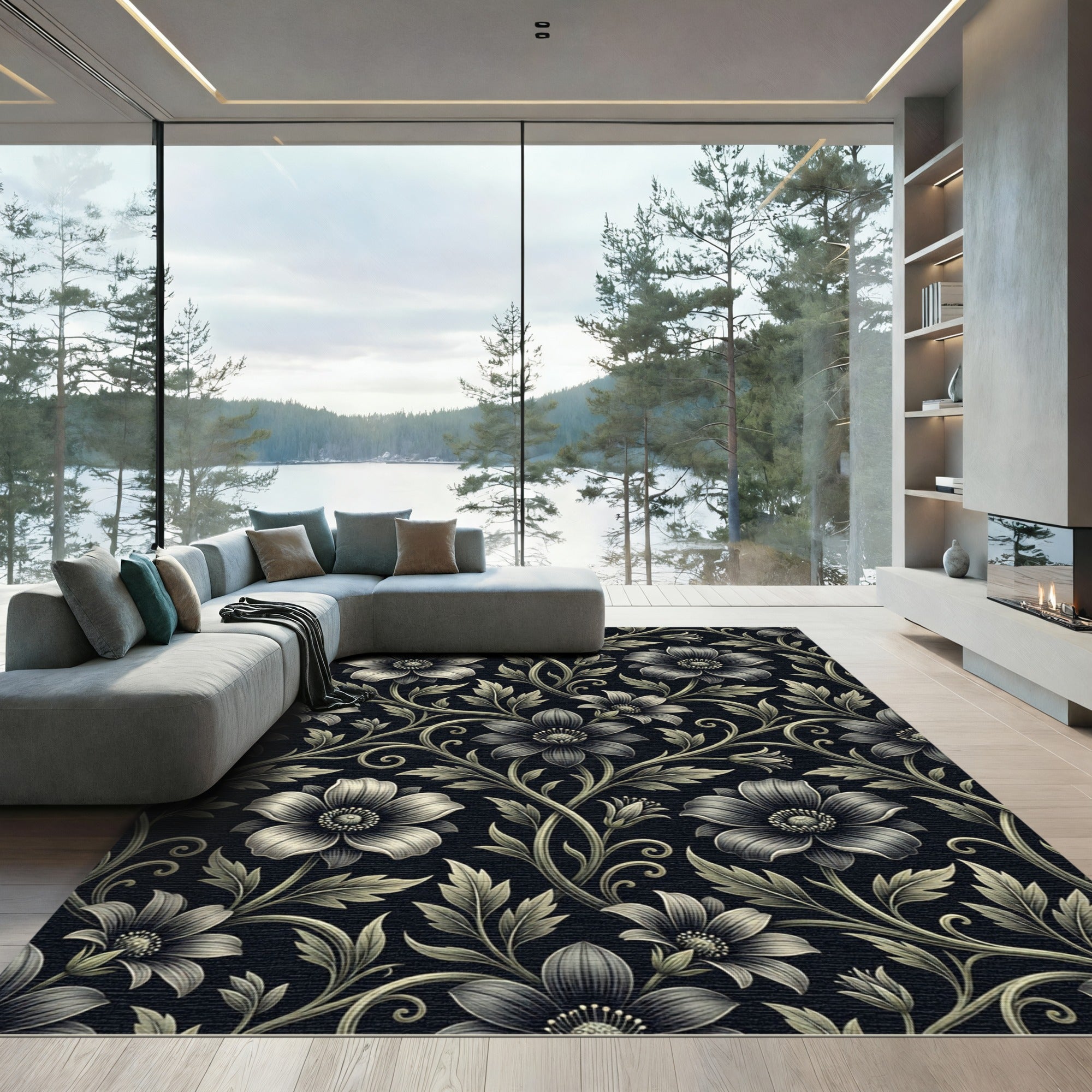 Antique Black Floral Vine Swirl Rug