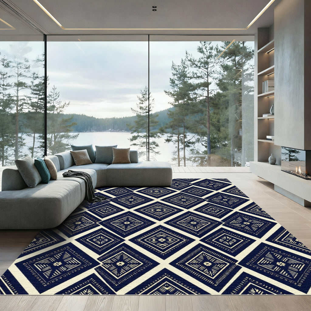 Navy Blue Geo Diamond Folk Art Rug
