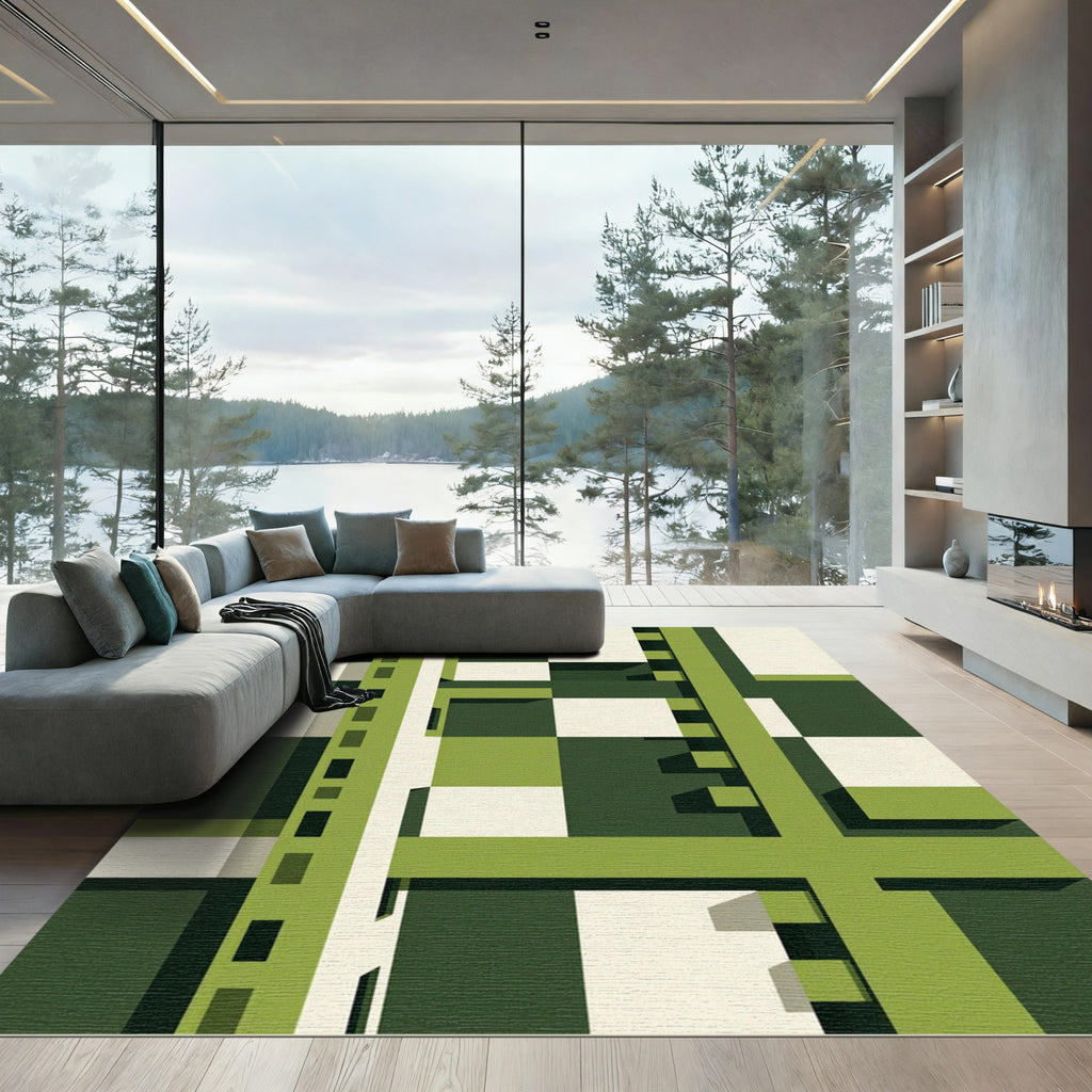 Modern Geometric Olive and Cream Grid Rug