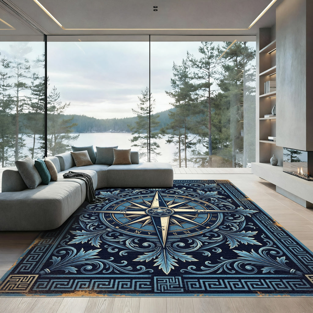 Ornate Navy Compass Rose Filigree Rug