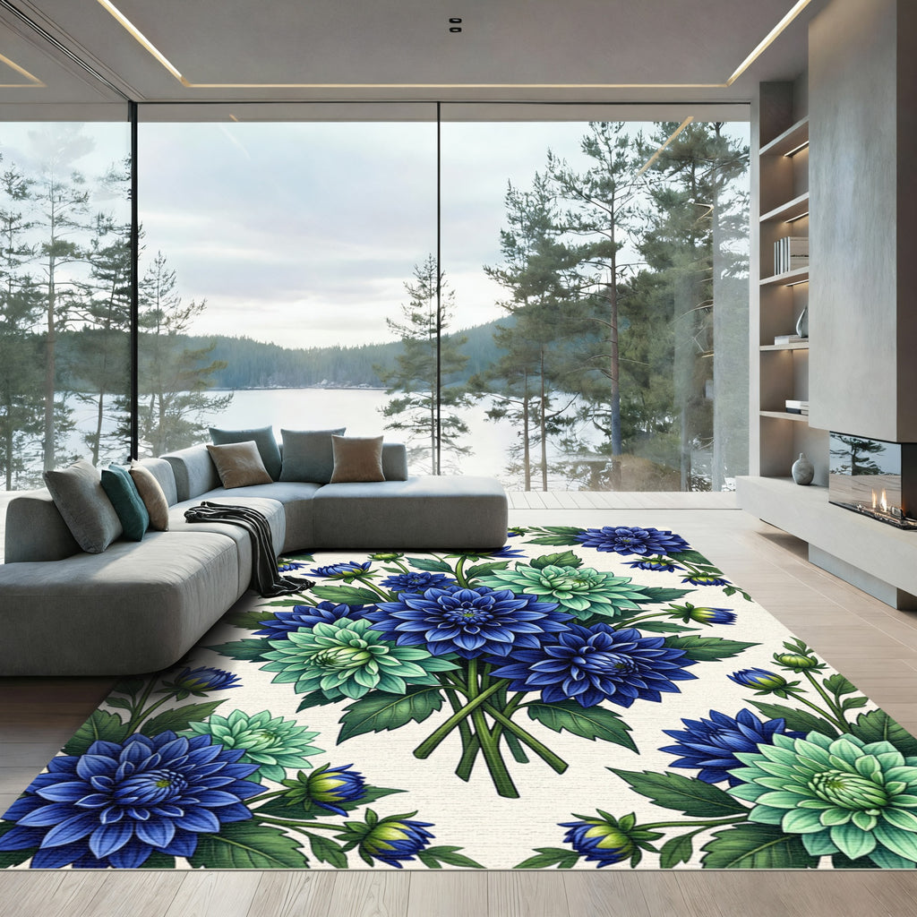 Blue and Mint Dhalia Floral Arrangement Rug