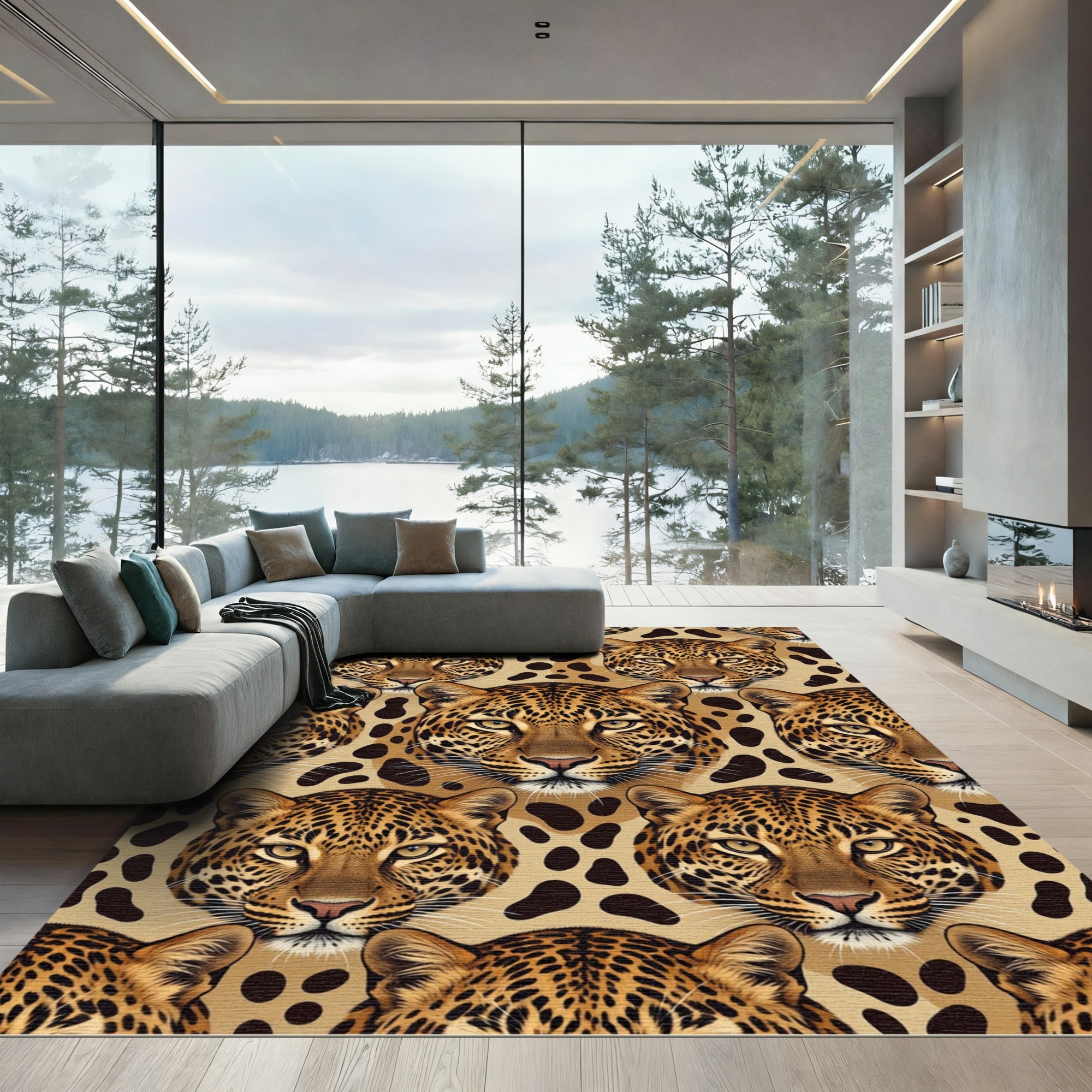 Fierce Leopard Heads Beige Spots Repeating Rug