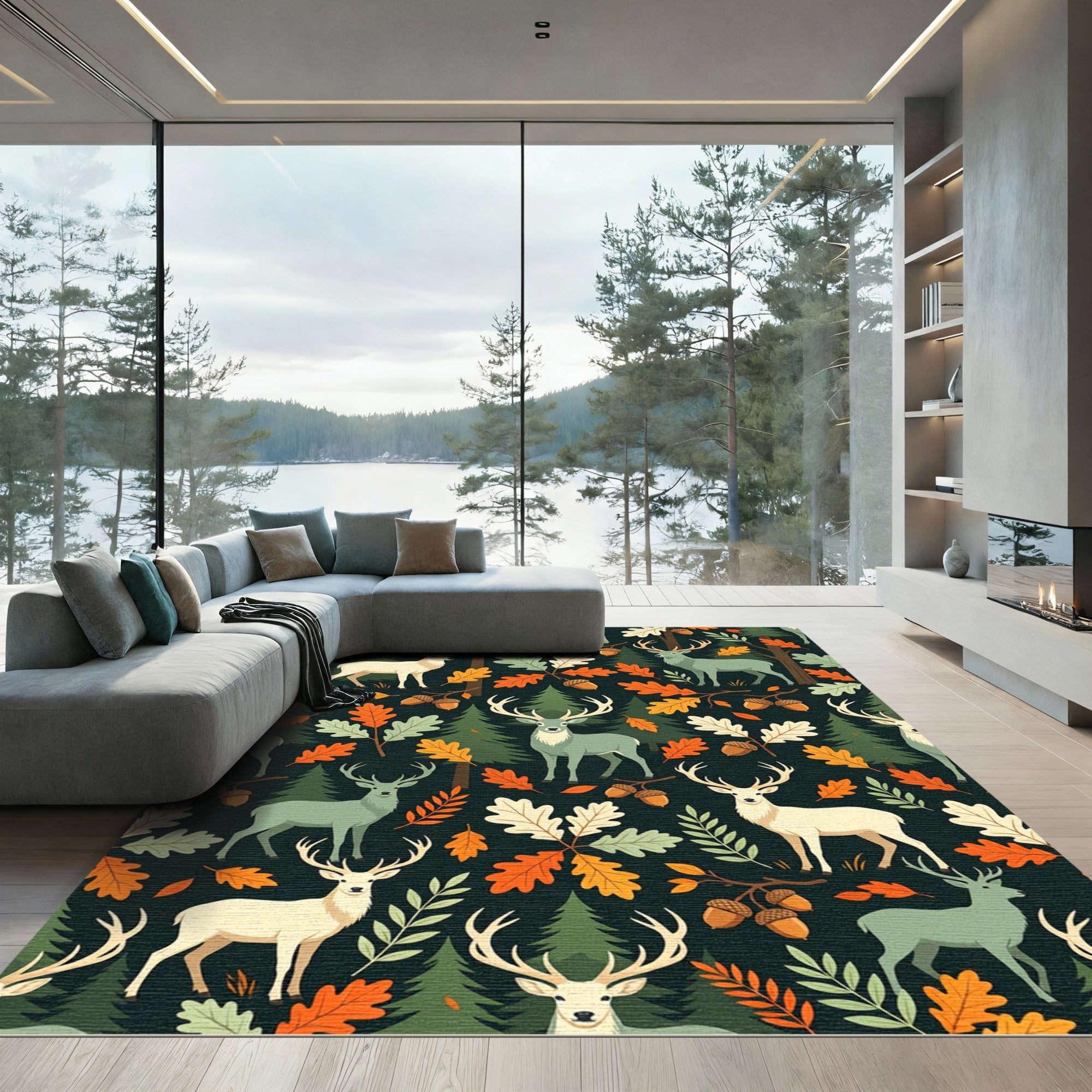 Forest Deer Oak Leaf Autumn Meadow Rug