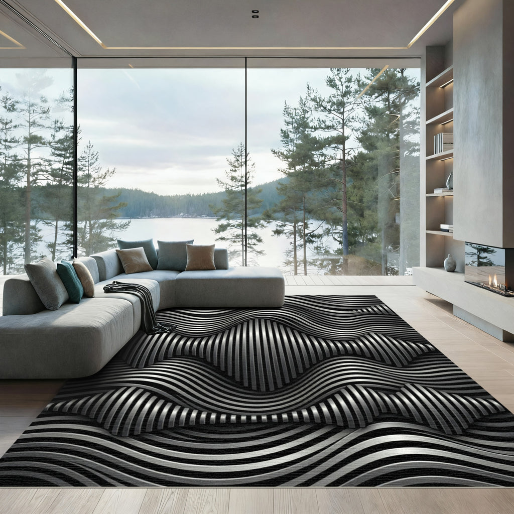 Abstract Silver Wave Line Rug
