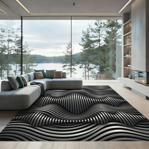 Abstract Silver Wave Line Rug