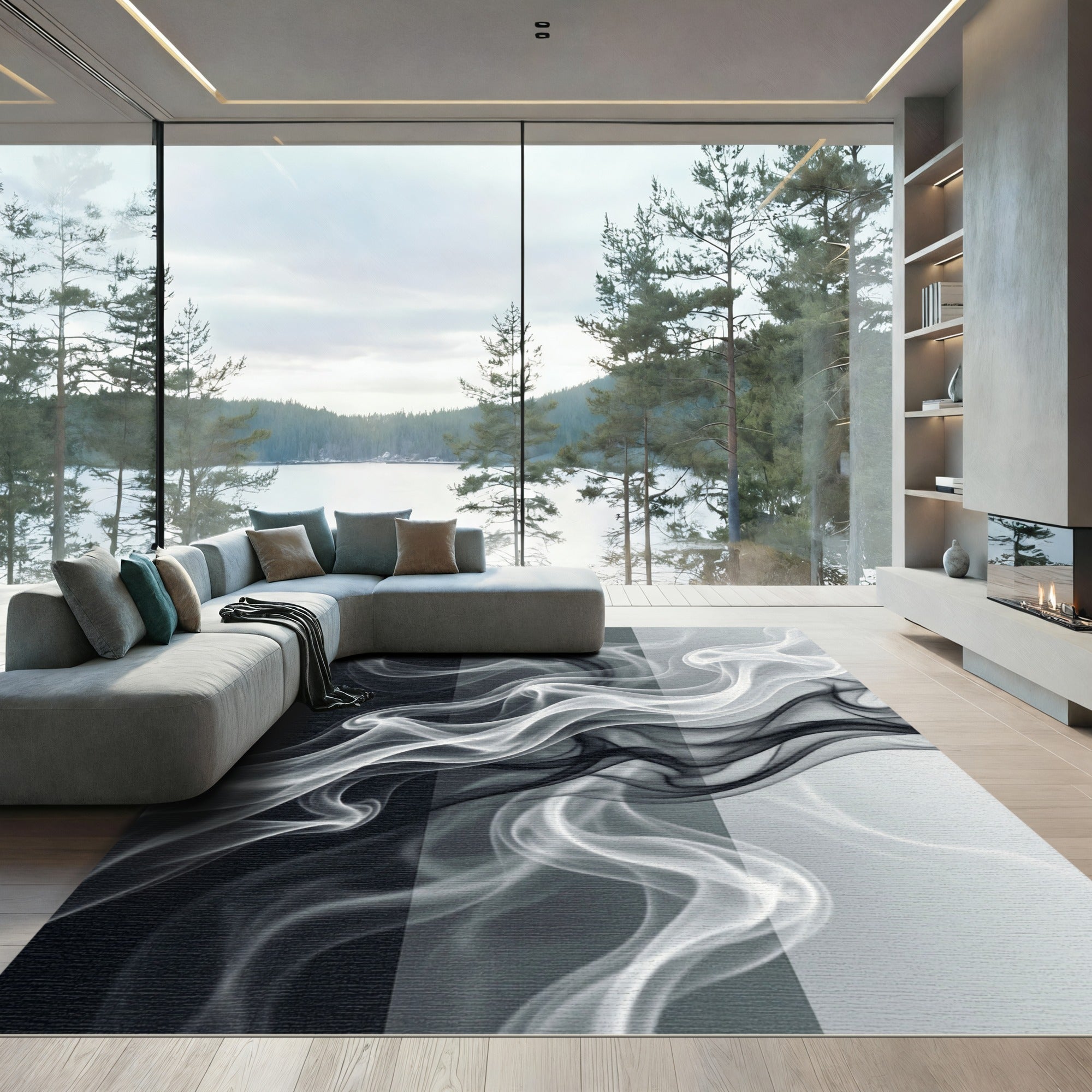 Monochrome Abstract Smoke Wave Rug