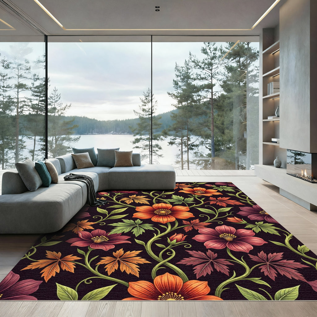 Autumnal Floral Vine Black Wallpaper Rug