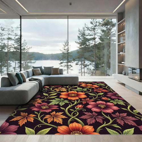 Autumnal Floral Vine Black Wallpaper Rug