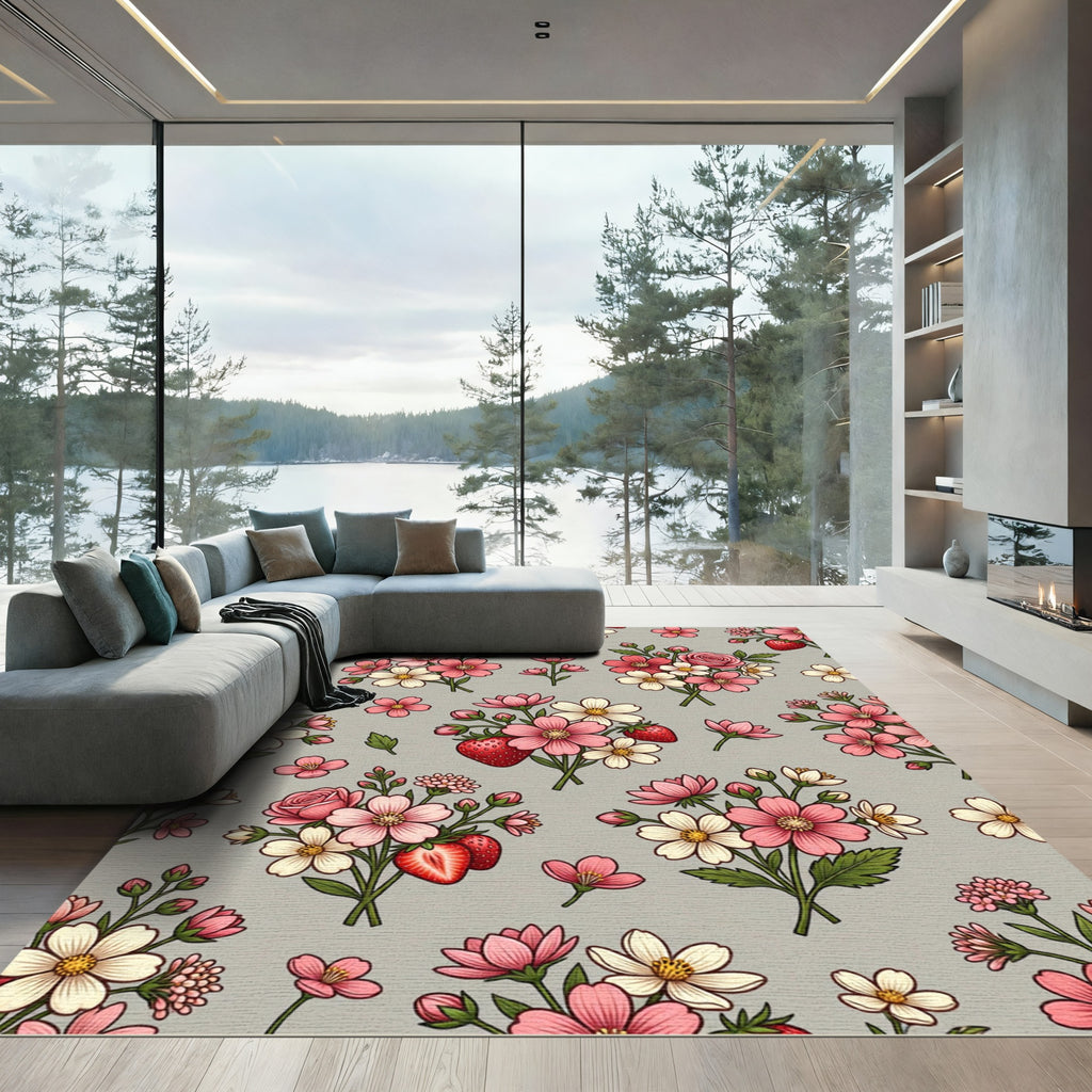 Whimsical Pink Strawberry Floral Bouquet Rug