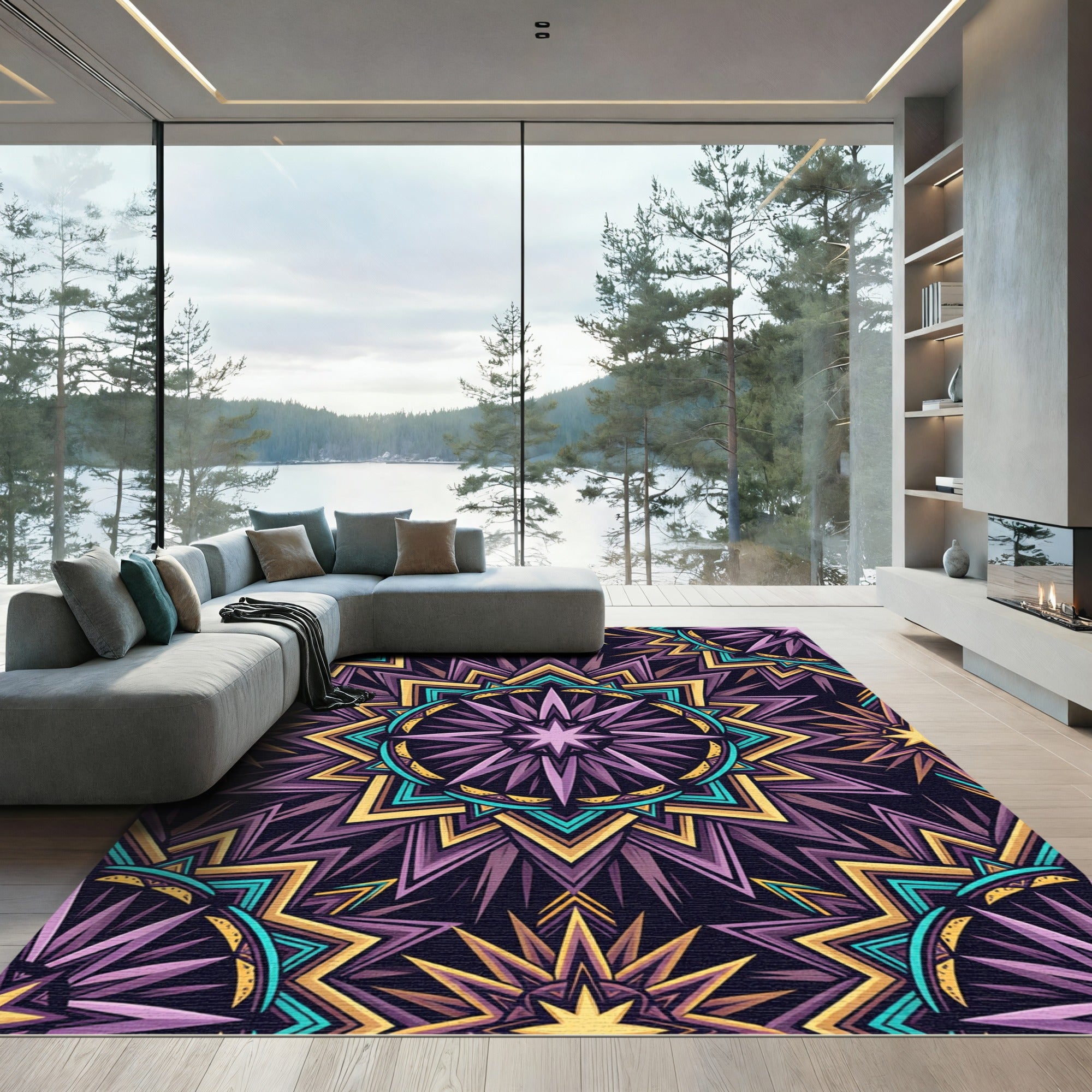 Purple Yellow Teal Starburst Geometric Rug